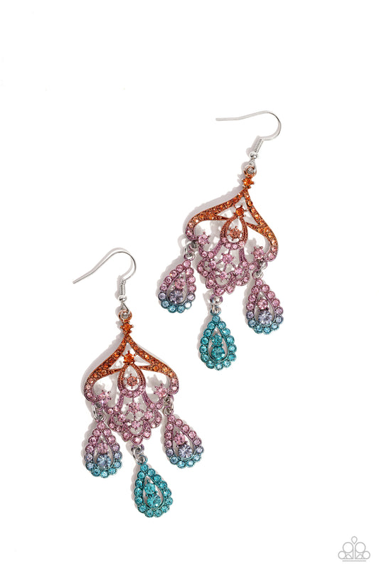 Paparazzi Accessories Chandelier Command - Multi Three rhinestone-encrusted teardrops drip from the bottom of an ornate decorative frame, creating an elegant fringe. The decorative frame swirls with ombré rhinestones that go from orange to pink to blue sh