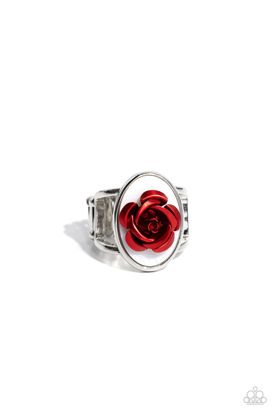 Paparazzi Accessories ROSE to My Heart - Red Featuring a white shell backdrop, high-sheen red petals fan out from the center of the oval display, creating a regal rose atop airy silver bands on the finger. Features a stretchy band for a flexible fit. Sold