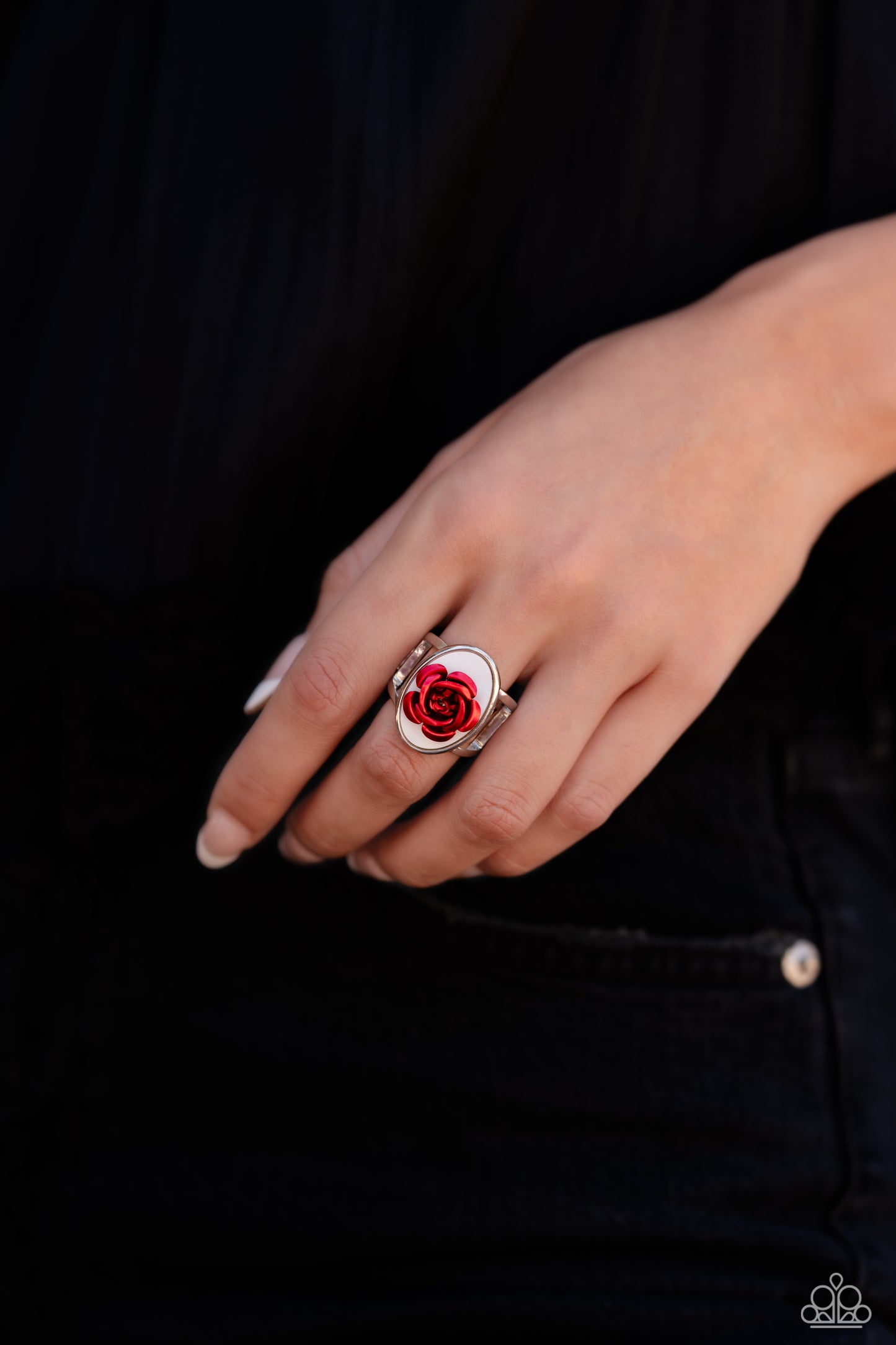 Paparazzi Accessories ROSE to My Heart - Red Featuring a white shell backdrop, high-sheen red petals fan out from the center of the oval display, creating a regal rose atop airy silver bands on the finger. Features a stretchy band for a flexible fit. Sold