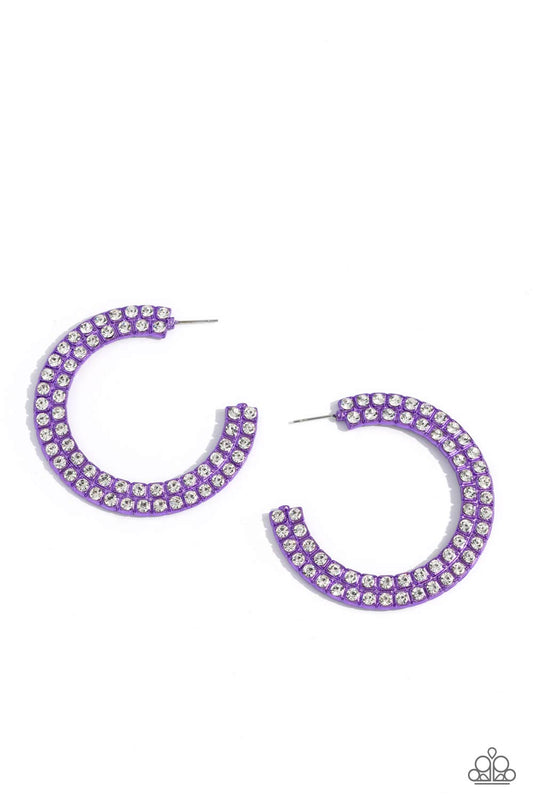 Paparazzi Accessories Flawless Fashion - Purple The outer curve of an oversized thick metallic purple hoop is encrusted in a staggered double row of dazzling white rhinestones for a flawless look. Earring attaches to a standard post fitting. Hoop measures