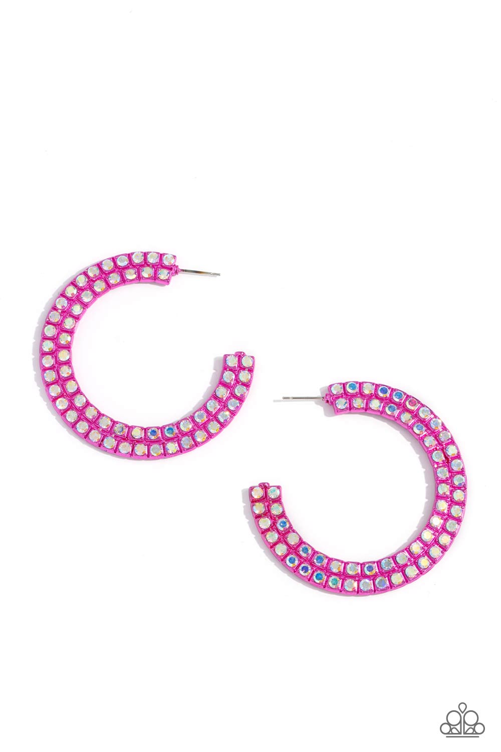 Paparazzi Accessories Flawless Fashion - Pink The outer curve of an oversized thick metallic pink hoop is encrusted in a staggered double row of dazzling iridescent rhinestones for a flawless look. Earring attaches to a standard post fitting. Hoop measure