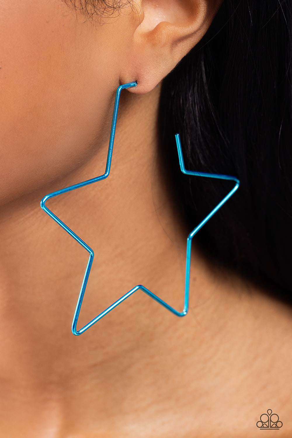 Paparazzi Accessories Starstruck Secret - Blue A thin, oversized blue metallic bar delicately folds into a star-shaped hoop, resulting in a stellar statement. Earring attaches to a standard post fitting. Sold as one pair of hoop earrings. Jewelry