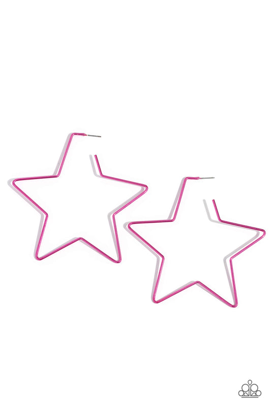 Paparazzi Accessories Starstruck Secret - Pink A thin, oversized pink metallic bar delicately folds into a star-shaped hoop, resulting in a stellar statement. Earring attaches to a standard post fitting. Sold as one pair of hoop earrings. Jewelry