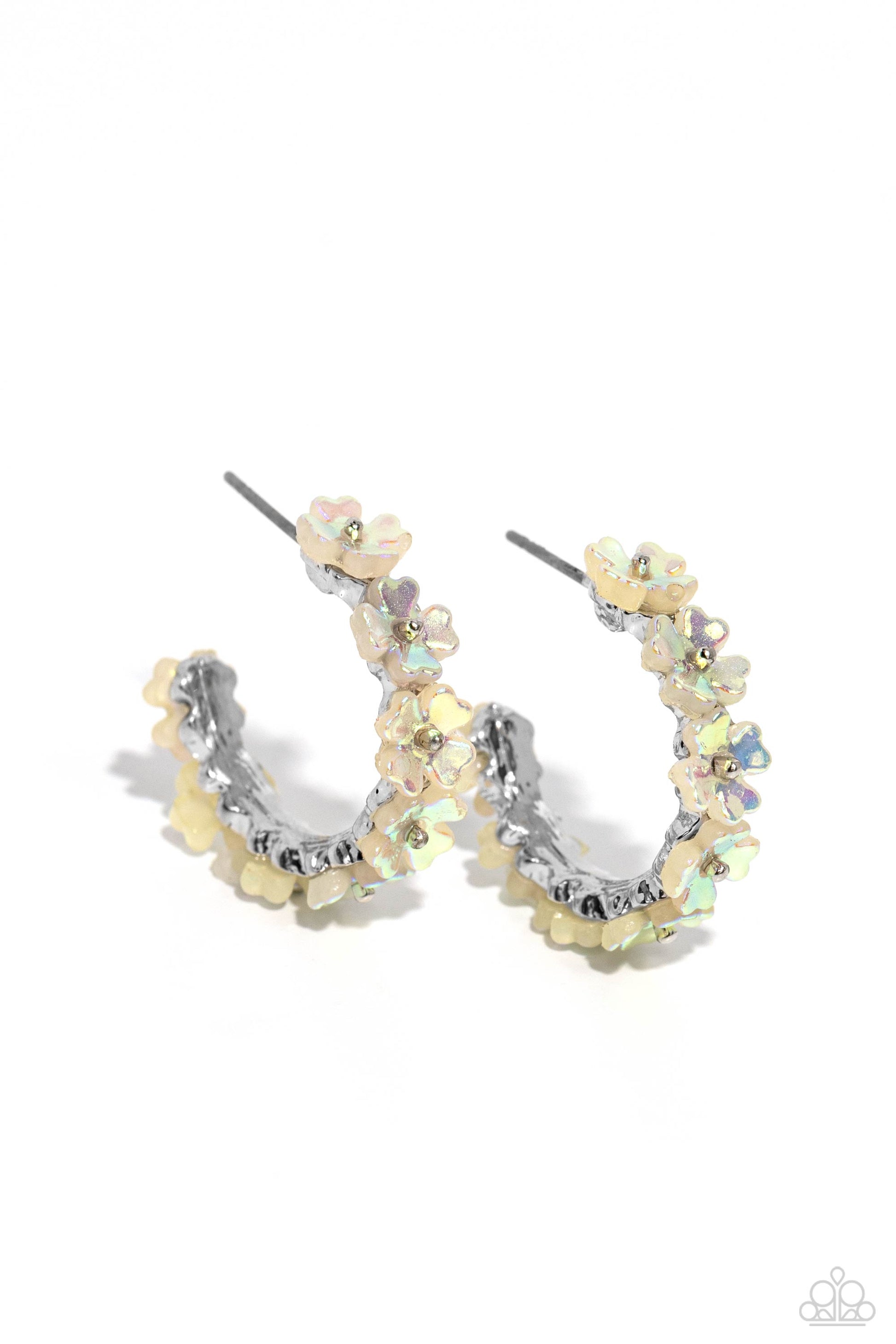 Paparazzi Accessories Floral Focus - White Tiny white iridescent flowers connect to one another as they wrap around the ear to create a charming, dainty hoop. Earring attaches to a standard post fitting. Hoop measures approximately 3/4" in diameter. Due t