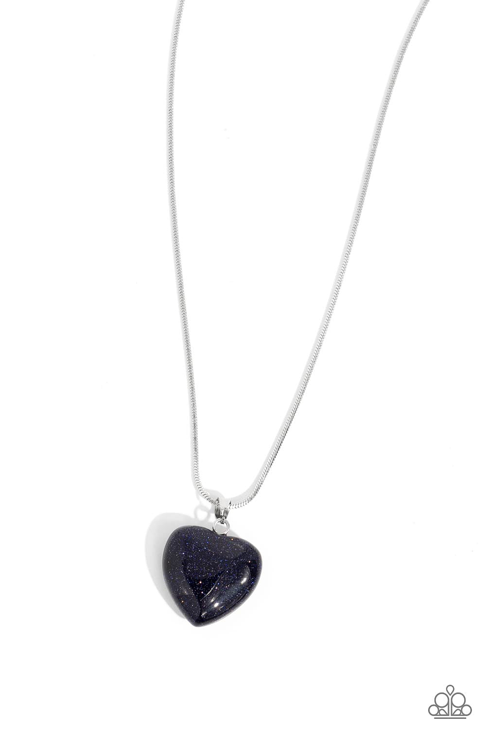Paparazzi Accessories Prismatic Pastime - Blue Brushed in a glittery finish, a dark blue heart dangles at the bottom of a lengthened silver snake chain, creating a glittery pendant. Features an adjustable clasp closure. Sold as one individual necklace. In