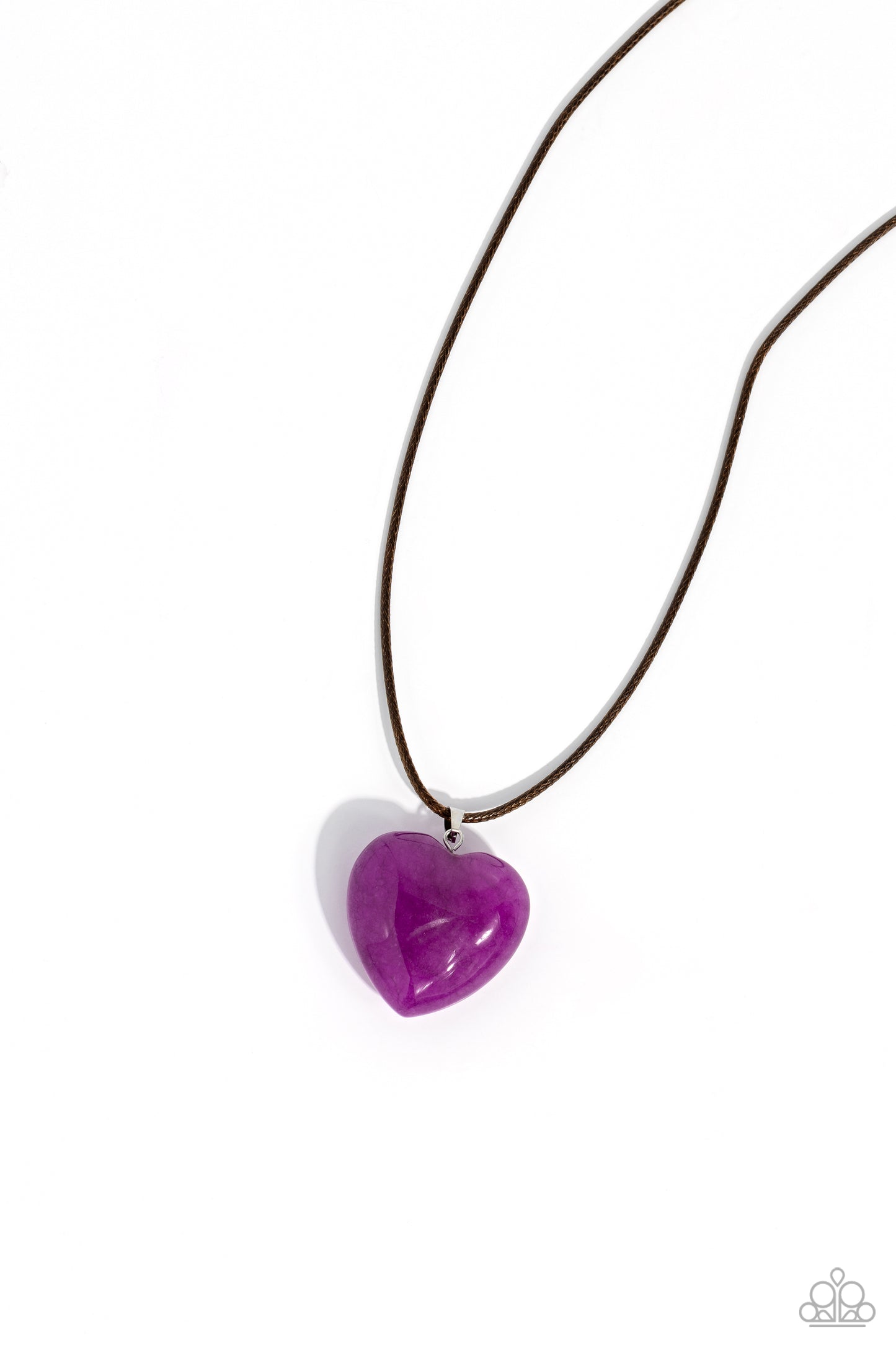 Paparazzi Accessories Serene Sweetheart - Purple Dangling from the bottom of a brown cord, an oversized, amethyst heart glides down the neckline for an earthy serene statement. Features an adjustable clasp closure. As the stone elements in this piece are