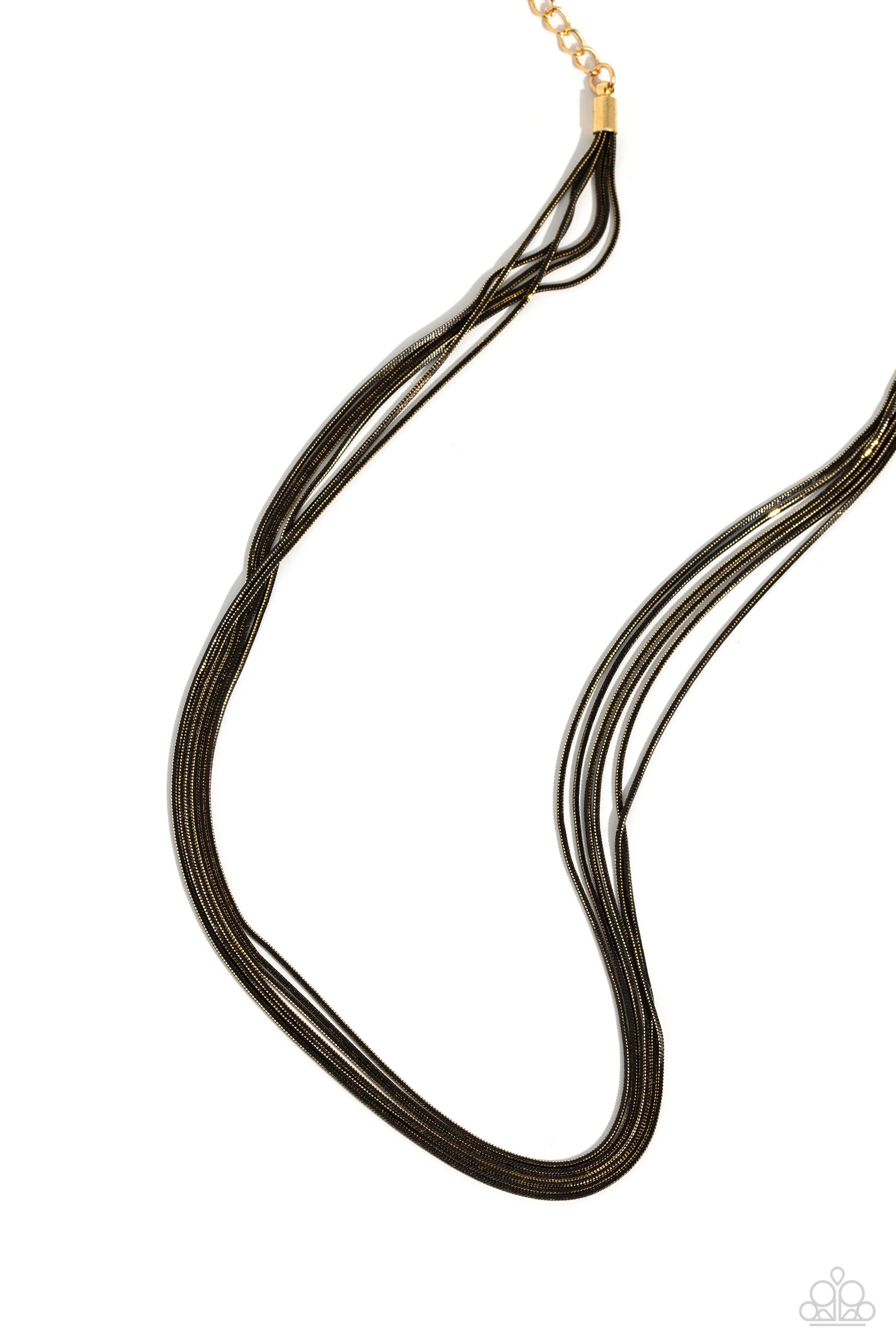 Paparazzi Accessories Salvaging Sass - Black Featuring shiny gold and glistening gunmetal links, six strands of slim snake chains drape across the chest for an edgy mixed metallic finish. Features an adjustable clasp closure. Sold as one individual neckla