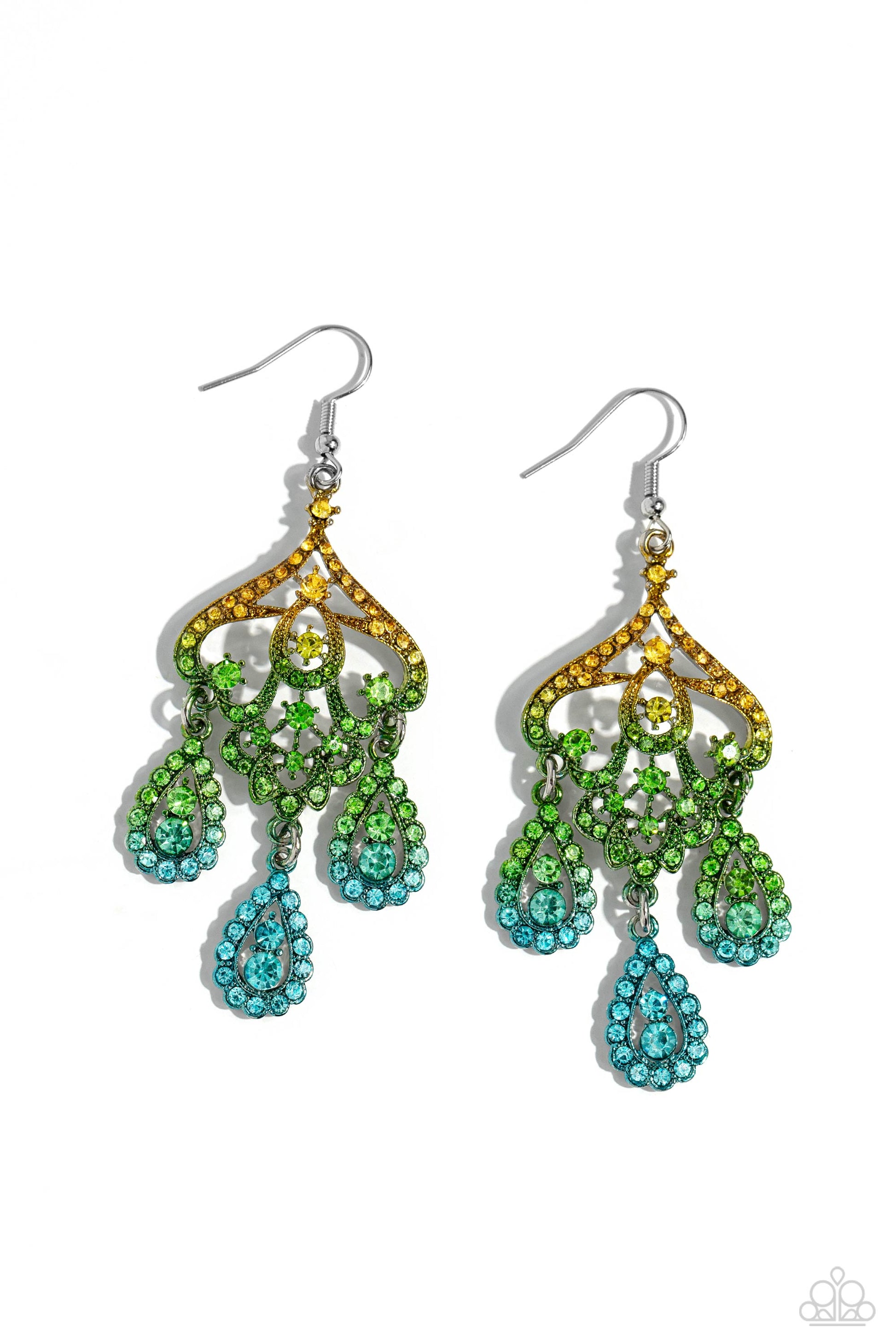 Paparazzi Accessories Chandelier Command - Multi 3 Three rhinestone-encrusted teardrops drip from the bottom of an ornate decorative frame, creating an elegant fringe. The decorative frame swirls with ombré rhinestones that go from yellow to green to blue