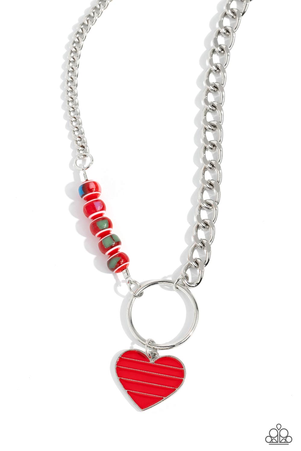 Paparazzi Accessories Mismatched Mayhem - Red A strand of flat silver curb chain collides with a classic chain and a vivacious collection of red beads, featuring various multicolored splatters across its surface, to create an abstract blend of color and c