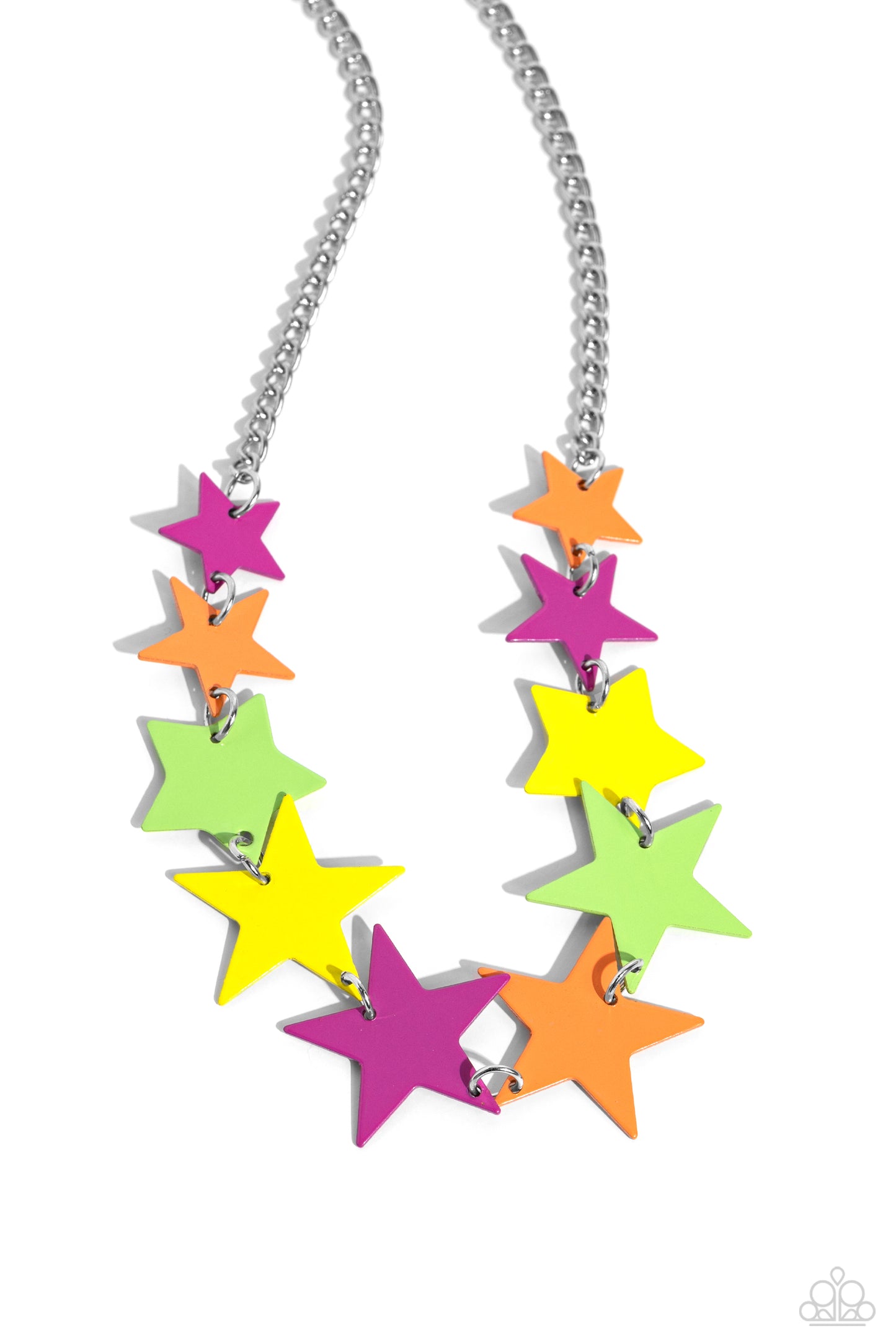 Paparazzi Accessories Starstruck Season - Multi Featuring various sizes, a collection of Kohlrabi, High Visibility, orange, and Rose Violet stars cascade around the neckline, on a classic silver chain creating an intense, starstruck statement. Features an