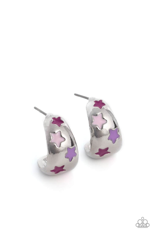 Paparazzi Accessories SCOUTING Stars - Pink Featuring lavender, Rose Violet, and baby pink stars, a thick silver bar curves into a colorfully silver hoop resulting in a basic staple piece. Earring attaches to a standard post fitting. Hoop measures approxi