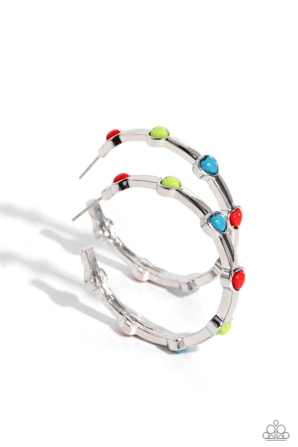 Paparazzi Accessories Affectionate Actress - Red A charming collection of red, Kohlrabi, and turquoise hearts adorn a classic silver hoop resulting in a romantic fashion. Earring attaches to a standard post fitting. Hoop measures approximately 1 1/2" in d