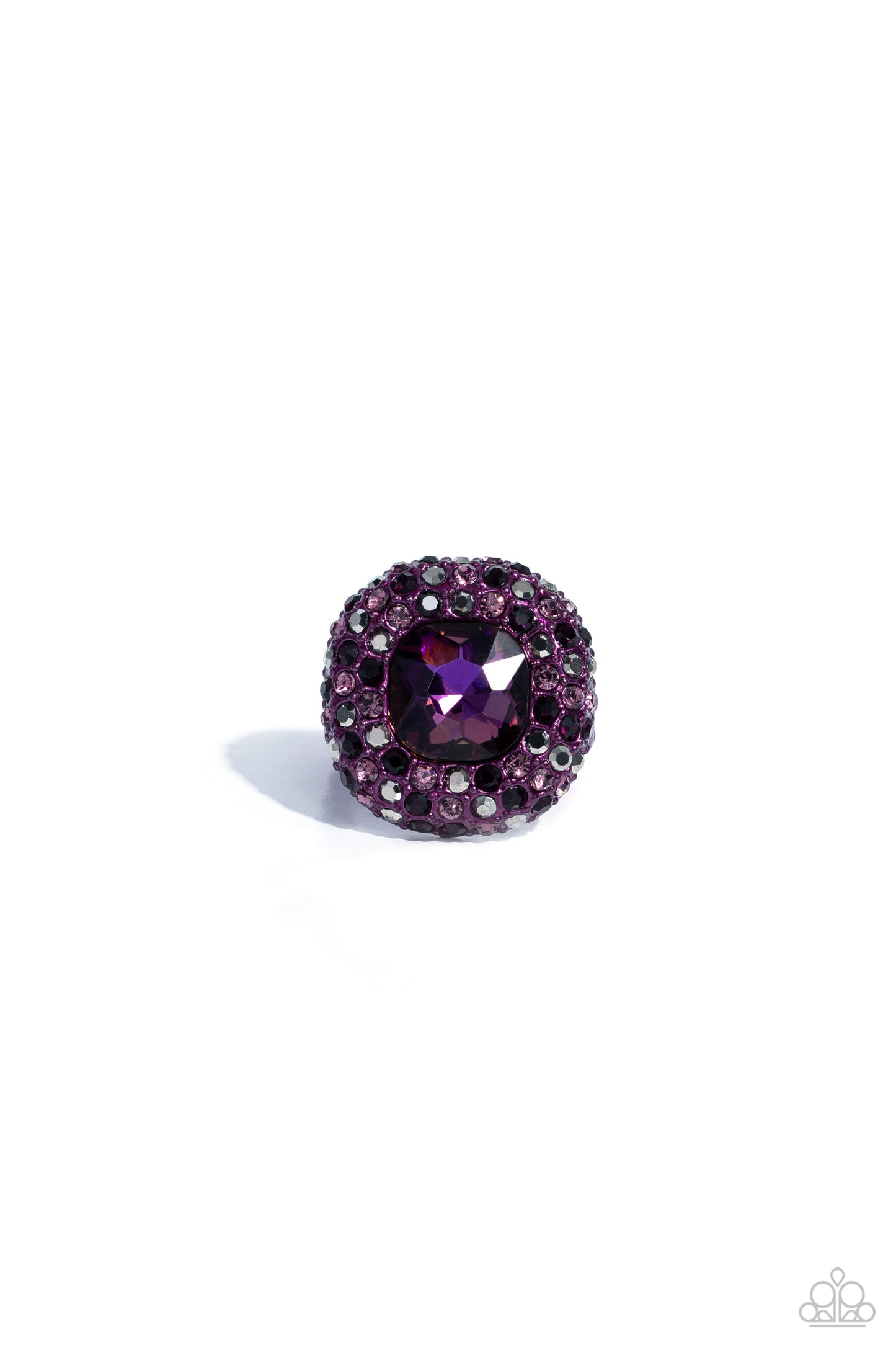 Paparazzi Accessories Glistening Grit - Purple Featuring a regal square cut, an oversized plum gem nestles inside a rounded square purple metallic frame encrusted in glassy hematite, purple, and amethyst rhinestones for a dramatically glamorous look. Feat