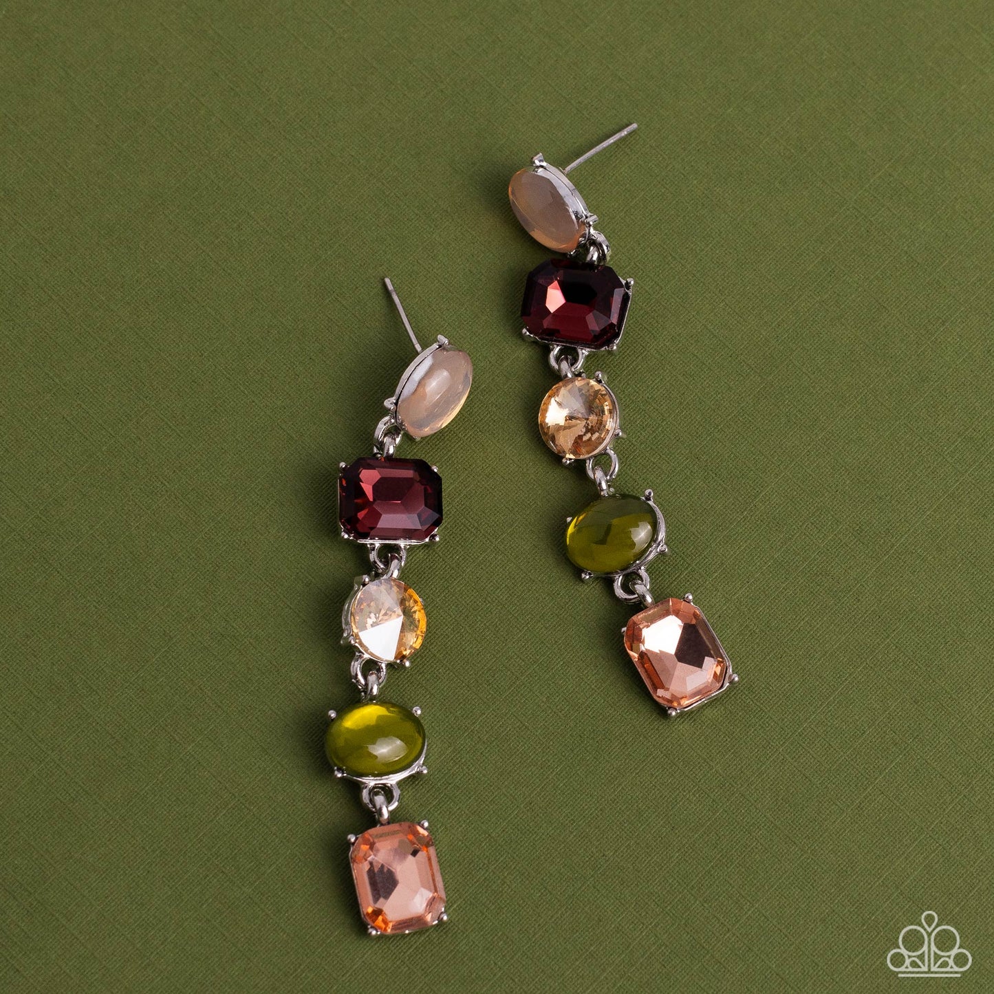 Paparazzi Accessories Sophisticated Stack - Multi Featuring various opacities, sheens, and cuts, five multicolored rhinestones, set in dainty silver pronged settings, stack one over the other, creating a refined lure with a dash of color and sparkle. Earr
