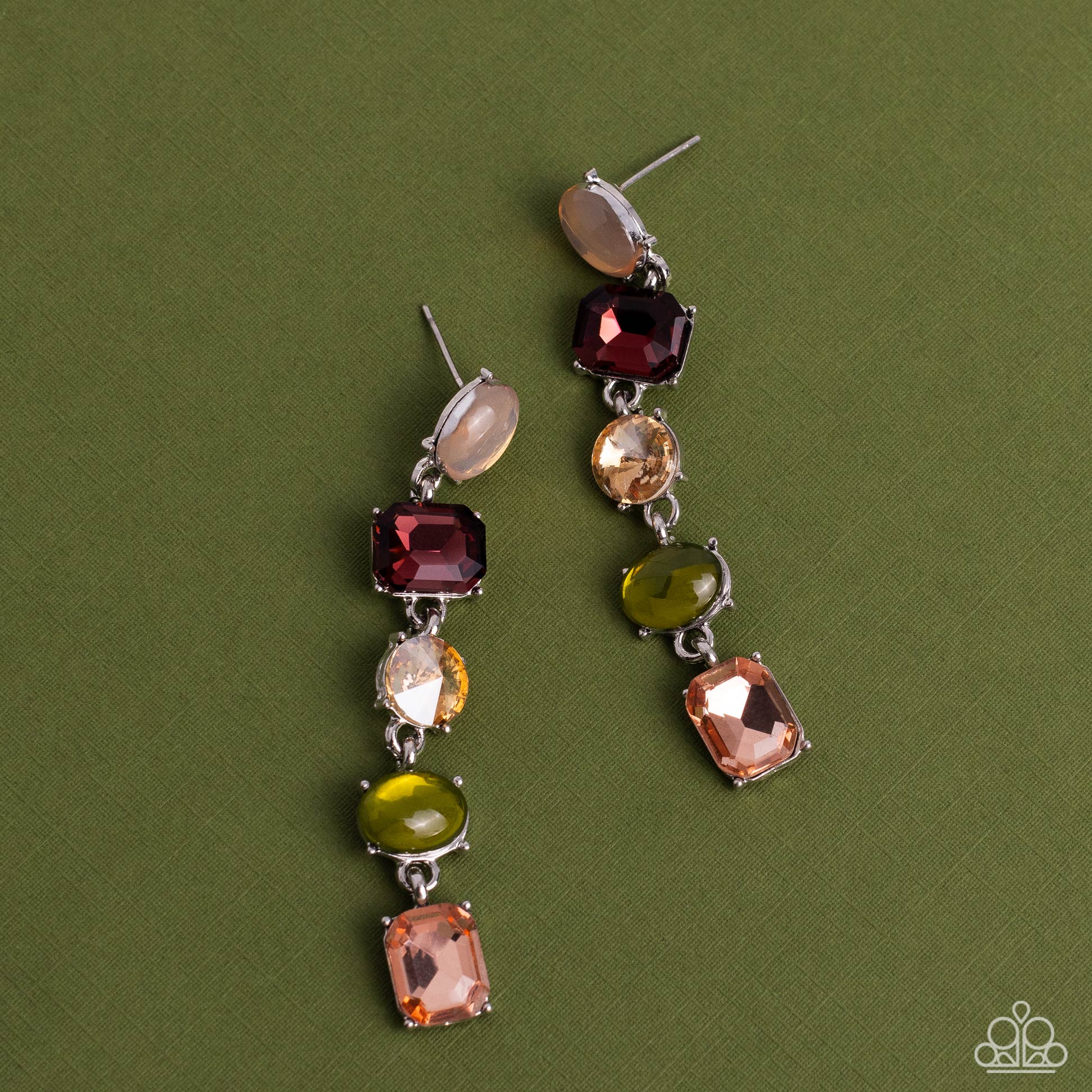 Paparazzi Accessories Sophisticated Stack - Multi Featuring various opacities, sheens, and cuts, five multicolored rhinestones, set in dainty silver pronged settings, stack one over the other, creating a refined lure with a dash of color and sparkle. Earr