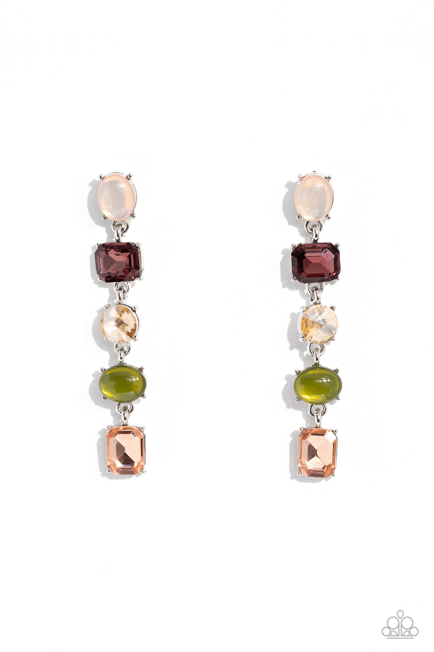 Paparazzi Accessories Sophisticated Stack - Multi Featuring various opacities, sheens, and cuts, five multicolored rhinestones, set in dainty silver pronged settings, stack one over the other, creating a refined lure with a dash of color and sparkle. Earr
