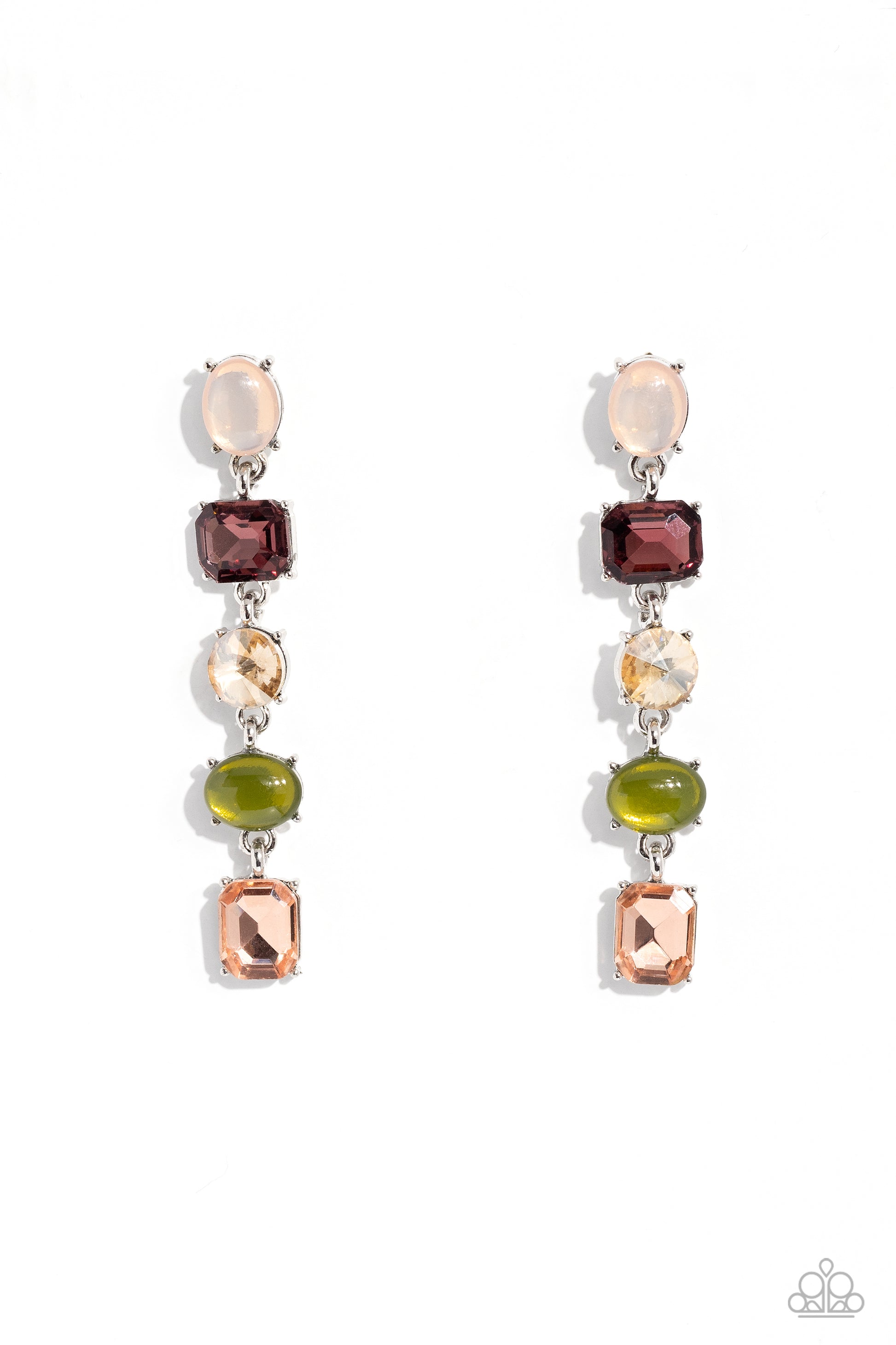 Paparazzi Accessories Sophisticated Stack - Multi Featuring various opacities, sheens, and cuts, five multicolored rhinestones, set in dainty silver pronged settings, stack one over the other, creating a refined lure with a dash of color and sparkle. Earr