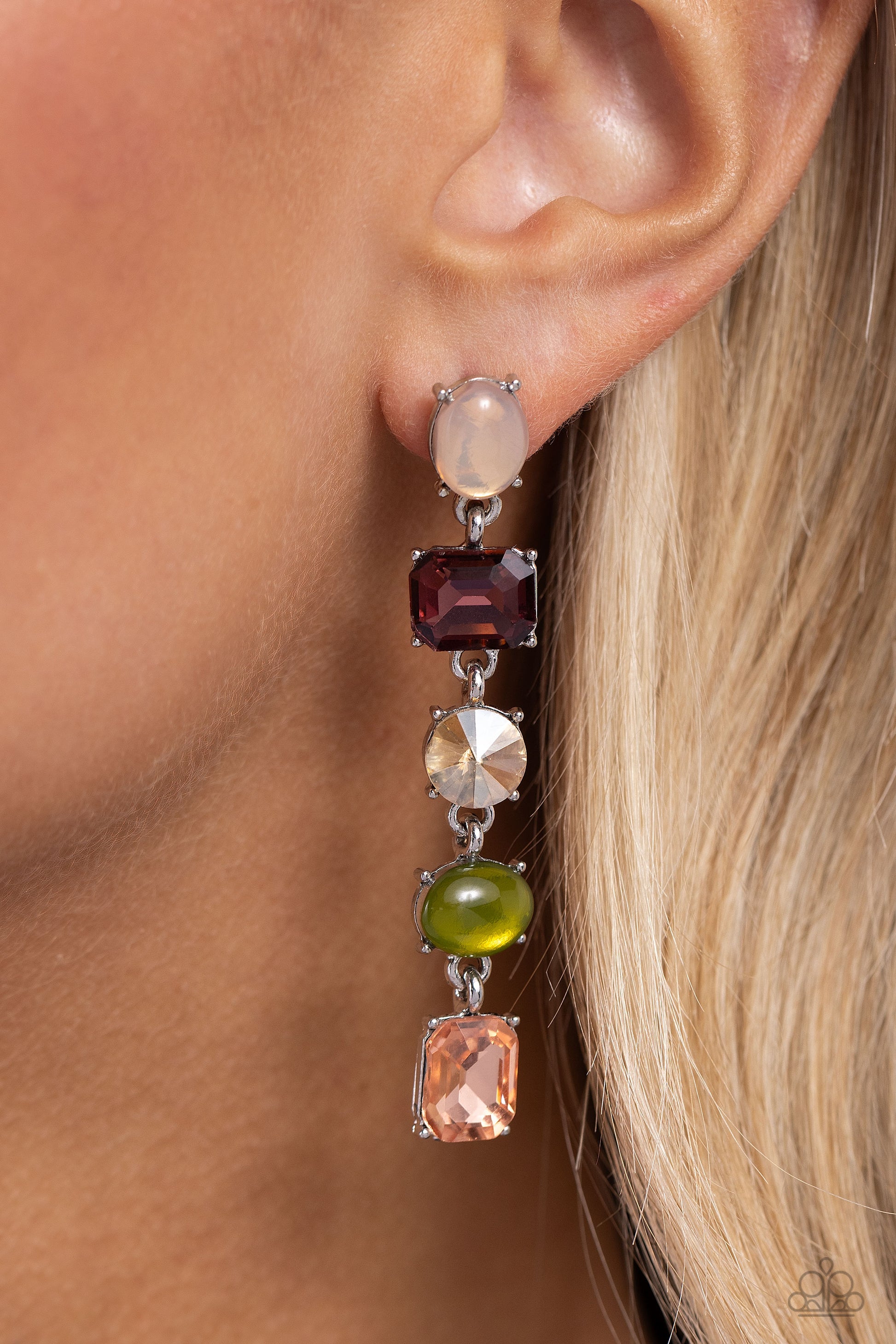 Paparazzi Accessories Sophisticated Stack - Multi Featuring various opacities, sheens, and cuts, five multicolored rhinestones, set in dainty silver pronged settings, stack one over the other, creating a refined lure with a dash of color and sparkle. Earr