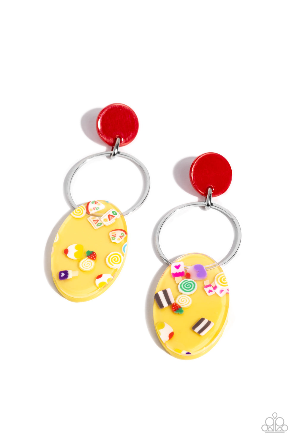 Paparazzi Accessories Seize the Sweets - Multi A yellow acrylic oval, featuring various sweet treats, swings from the bottom of a glistening airy silver hoop that is attached to a red acrylic circle, creating a colorfully retro look. Earring attaches to a