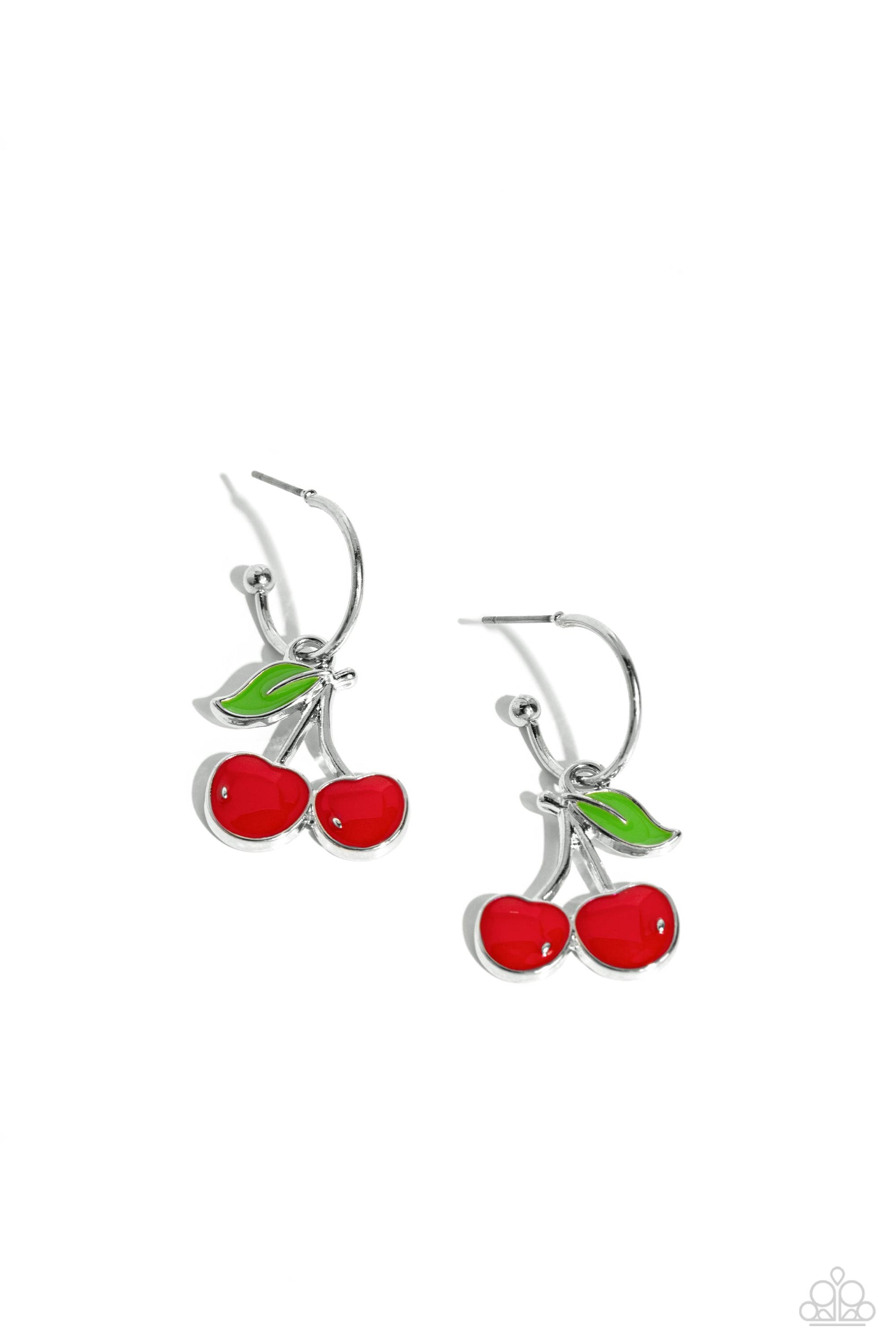 Paparazzi Accessories Cherry Caliber - Red A small, skinny, silver hoop curves around the ear, where a silver ball is affixed to create the look of a barbell. Two cherries slide along the hoop, showcasing a vibrant, summer-inspired style. Earring attaches