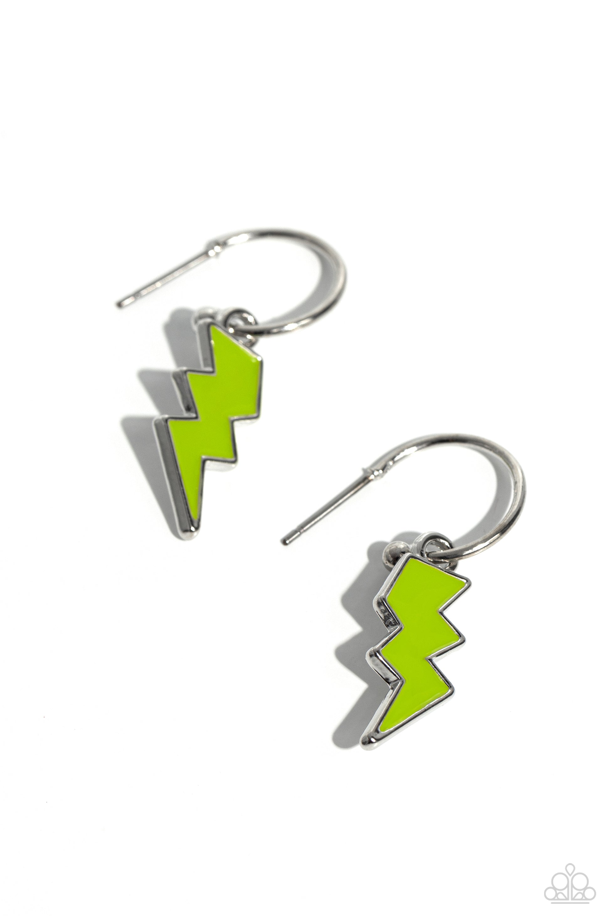 Paparazzi Accessories Lightning Limit - Green A small, skinny, silver hoop curves around the ear, where a silver ball is affixed to create the look of a barbell. A Kohlrabi lightning charm slides along the hoop, showcasing a colorfully electric statement.