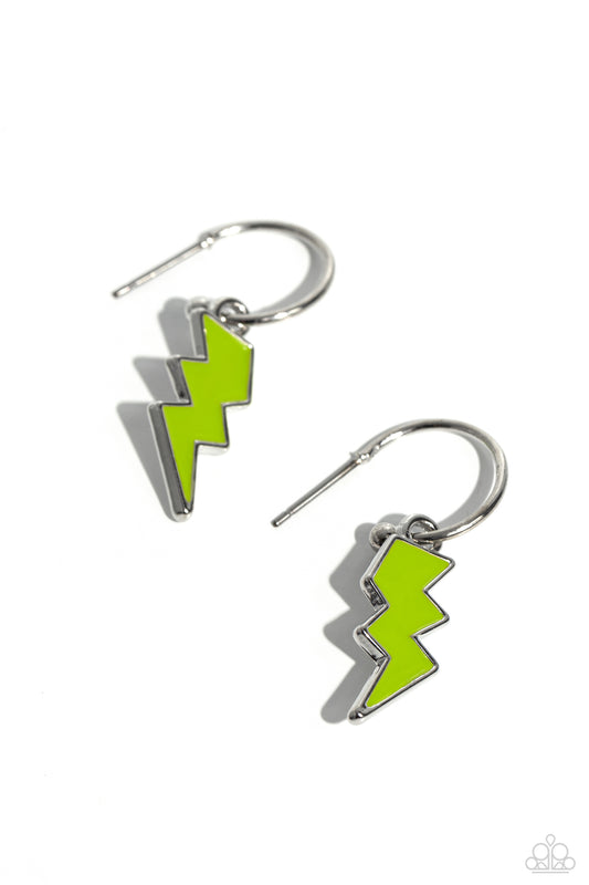 Paparazzi Accessories Lightning Limit - Green A small, skinny, silver hoop curves around the ear, where a silver ball is affixed to create the look of a barbell. A Kohlrabi lightning charm slides along the hoop, showcasing a colorfully electric statement.
