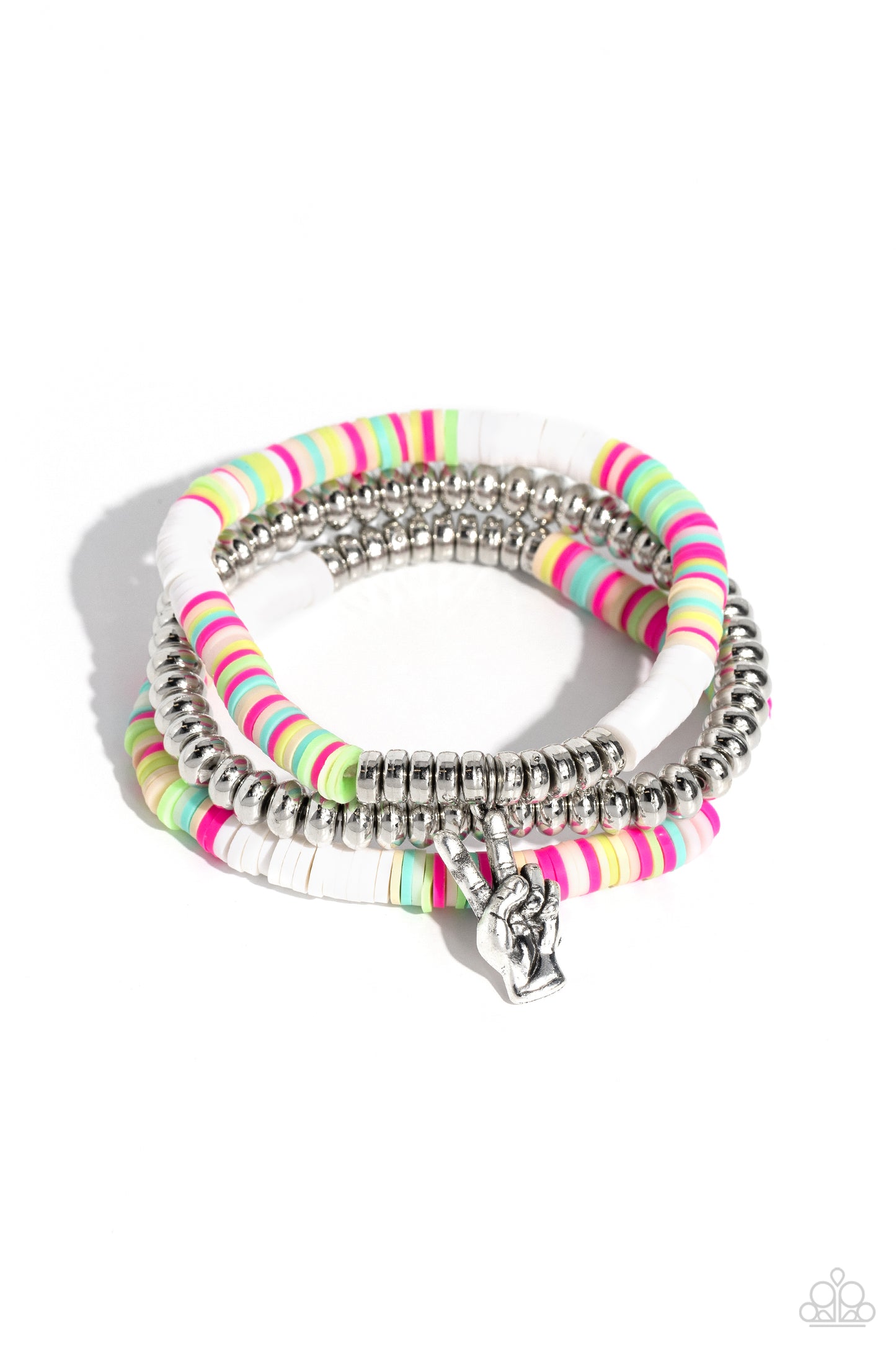 Paparazzi Accessories Peaceful Potential - White Infused along stretchy bands white, pink, green, blue, and tan rubber discs combine with sporadically placed silver discs and a silver disc strand for a vibrant pop of color along the wrist. A silver peace