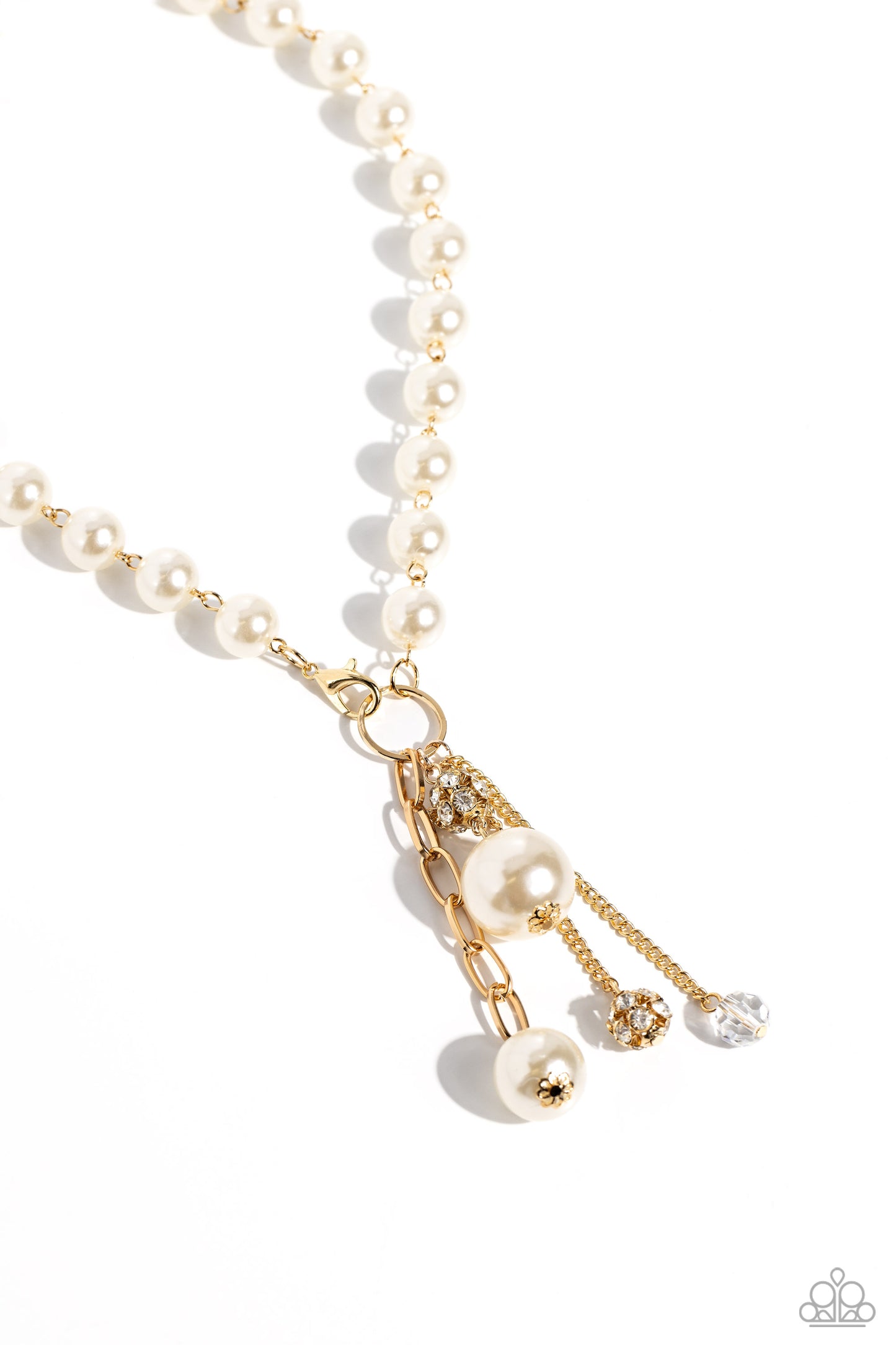 Paparazzi Accessories White Collar Welcome - Gold White pearls trickle below the collar attaching to a gold hoop as it nears the center of the chest. Accented with oversized white pearls, rhinestone-encrusted gold beads, faceted clear beads, and strands o