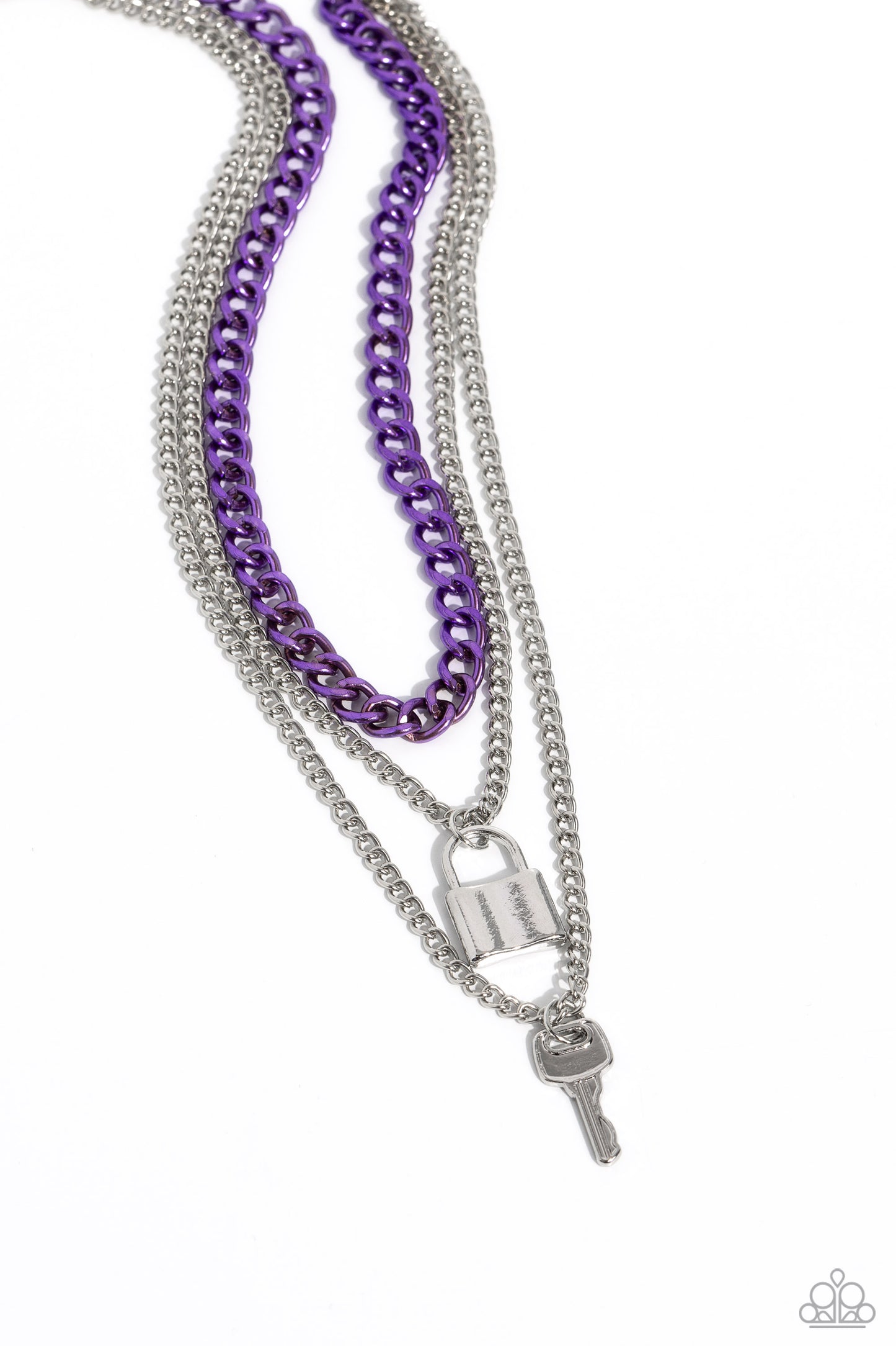 Paparazzi Accessories Locked Labor - Purple A sleek silver lock and silver key trickle from the bottoms of glistening silver chains down the chest, creating industrial layers. A purple curb chain hangs above the pendants for a touch of colorfully gritty s