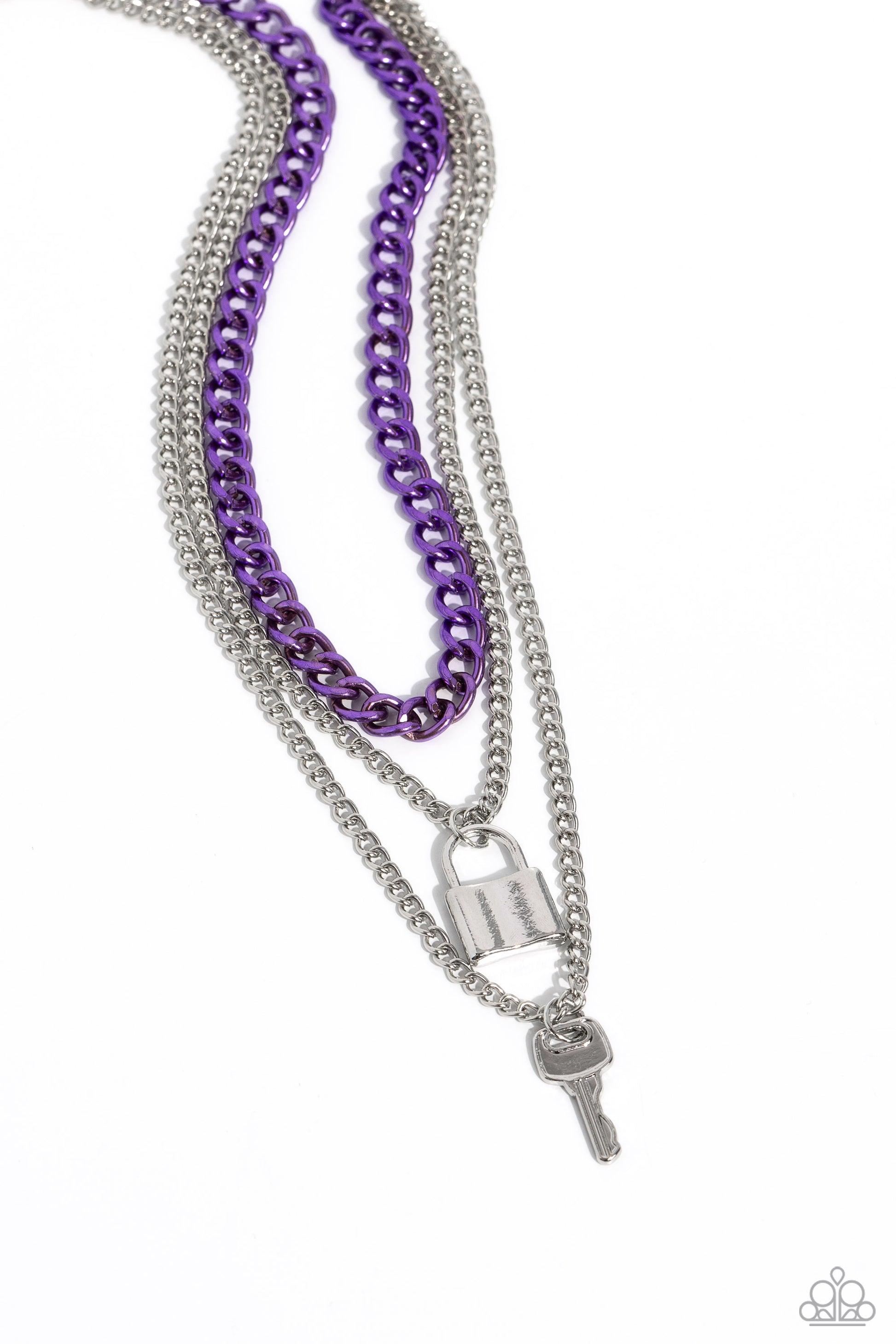 Paparazzi Accessories Locked Labor - Purple A sleek silver lock and silver key trickle from the bottoms of glistening silver chains down the chest, creating industrial layers. A purple curb chain hangs above the pendants for a touch of colorfully gritty s