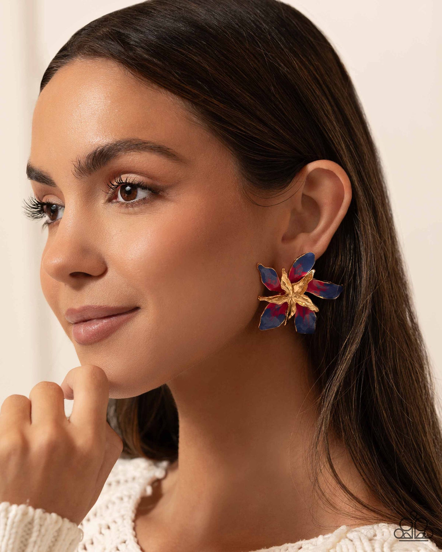 Paparazzi Accessories Warped Wallflower - Multi Featuring a warped, metallic texture, a gold flower blooms atop the ear, while a larger gold warped flower featuring Persian Jewel and Pink Peacock accents adds a vibrant pop of color to the whimsical center