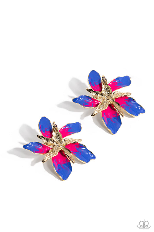Paparazzi Accessories Warped Wallflower - Multi Featuring a warped, metallic texture, a gold flower blooms atop the ear, while a larger gold warped flower featuring Persian Jewel and Pink Peacock accents adds a vibrant pop of color to the whimsical center