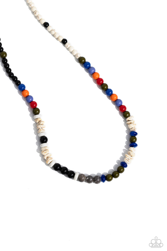 Paparazzi Accessories Beaded Bravery - Multi Colorful sections of multicolored beads and gray crackle bead accents adorn a strand of chiseled and round white marbled stones and stone beads, creating an earthy compliment below the collar. Features an adjus
