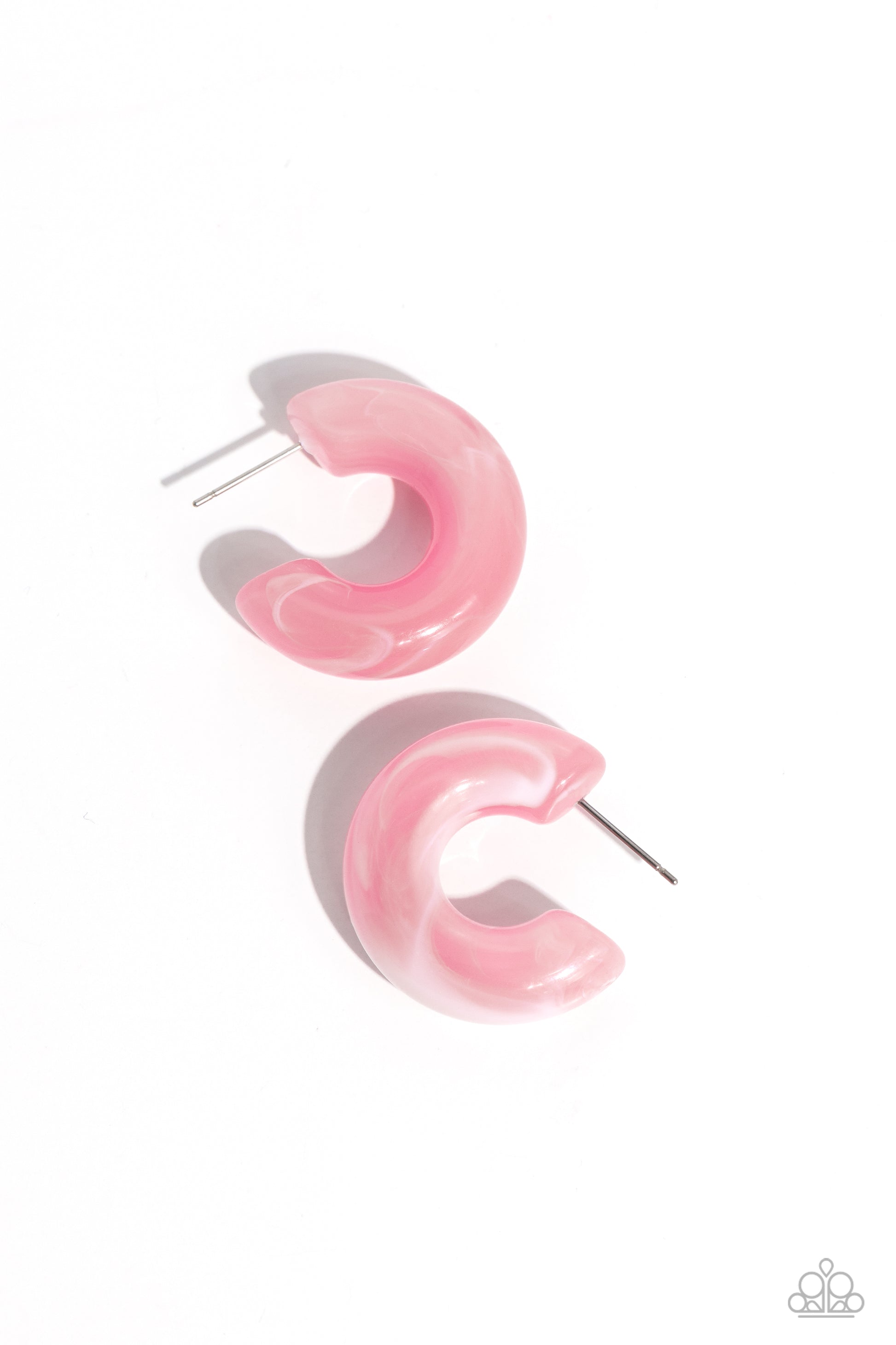 Paparazzi Accessories Acrylic Acclaim - Pink Featuring a milky accent, thick pink acrylic frames snugly loop and curl just below the ear for a fashionable finish. Earring attaches to a standard post fitting. Hoop measures approximately 1" in diameter. Sol