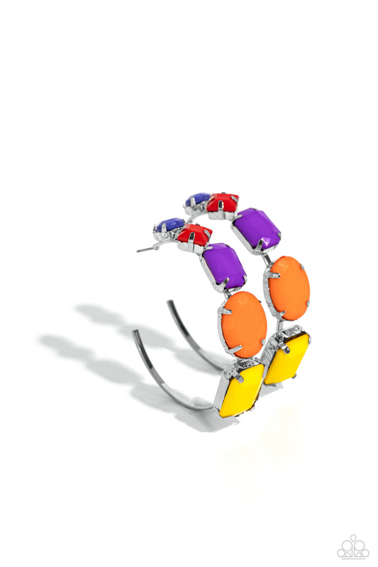 Paparazzi Accessories Geometric Gamer - Multi A charming collection of geometrically pronged red, purple, orange, Persian Jewel, and High Visibility shapes gradually increases in size as they adorn the front of a classic silver hoop resulting in a youthfu