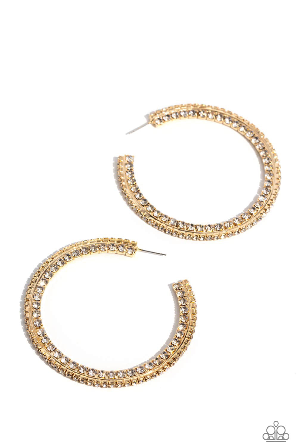 Paparazzi Accessories Scintillating Sass - Gold Glittery white rhinestones are encrusted along the front and side of a textured tread-like oversized gold hoop for a sassy finish. Earring attaches to a standard post fitting. Hoop measures 2 1/2" in diamete