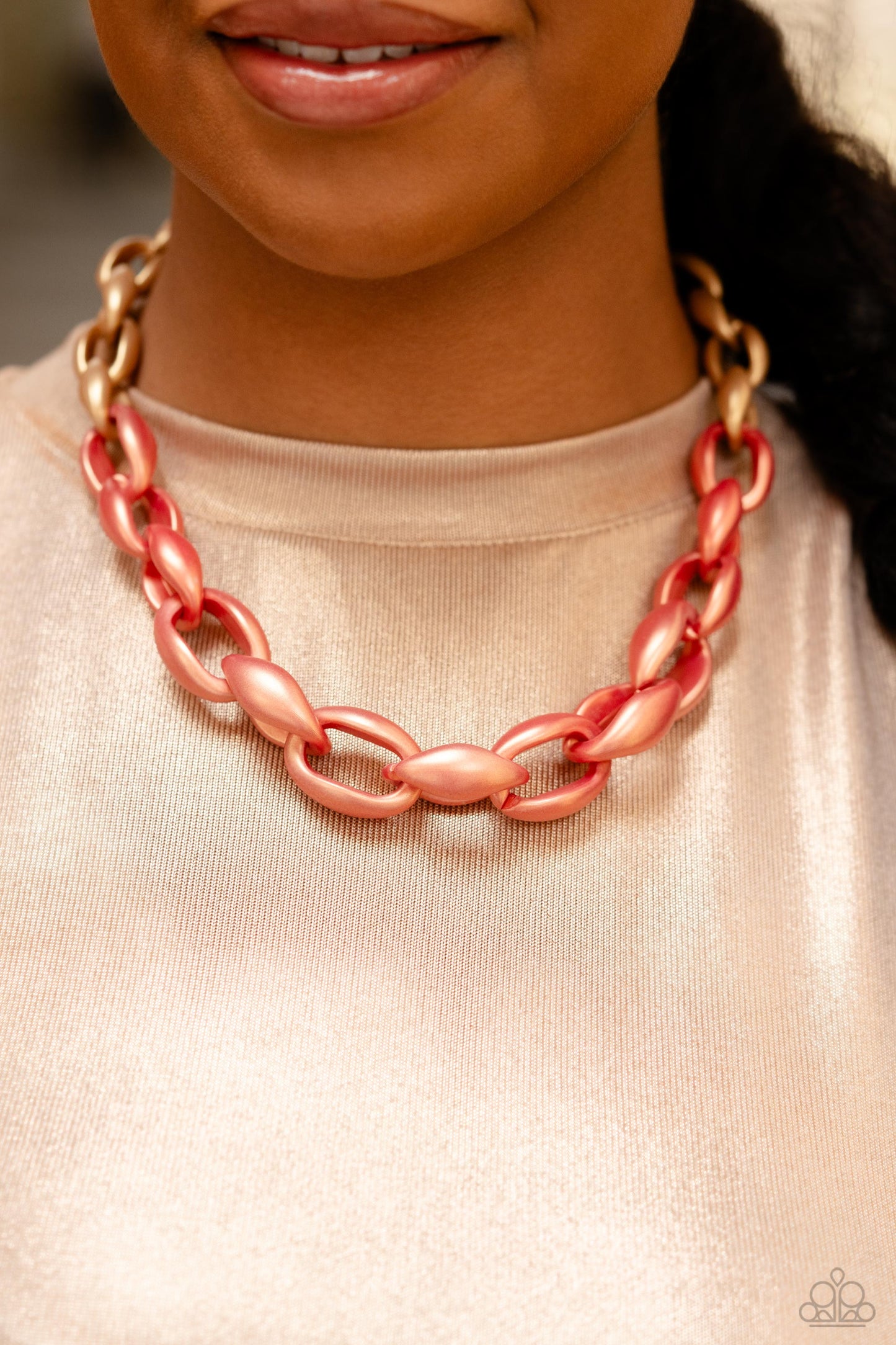 Paparazzi Accessories Statement Season - Orange Burnt Sienna and Doe concaved hoops gradually increase in size as they elongate towards the middle of the neckline for a colorful combination. Features an adjustable clasp closure. Sold as one individual nec