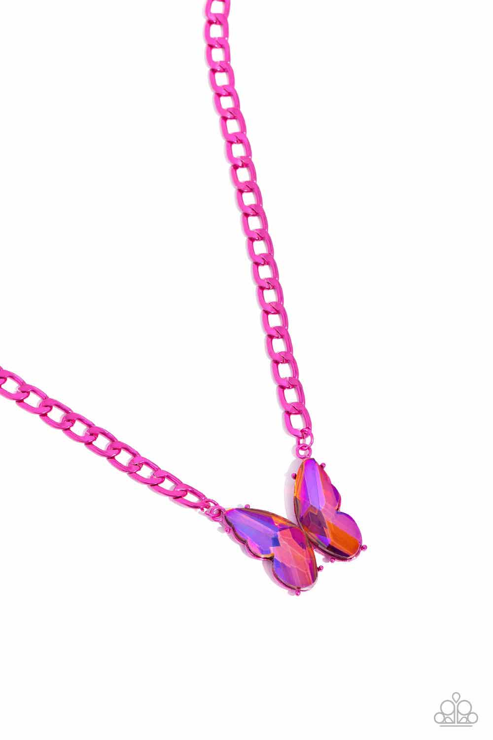 Paparazzi Accessories Fascinating Flyer - Pink Featuring a UV finish, a pair of oversized pink gem wings form into a pronged butterfly frame at the bottom of an electric pink curb chain for a vibrant, whimsical display. Features an adjustable clasp closur