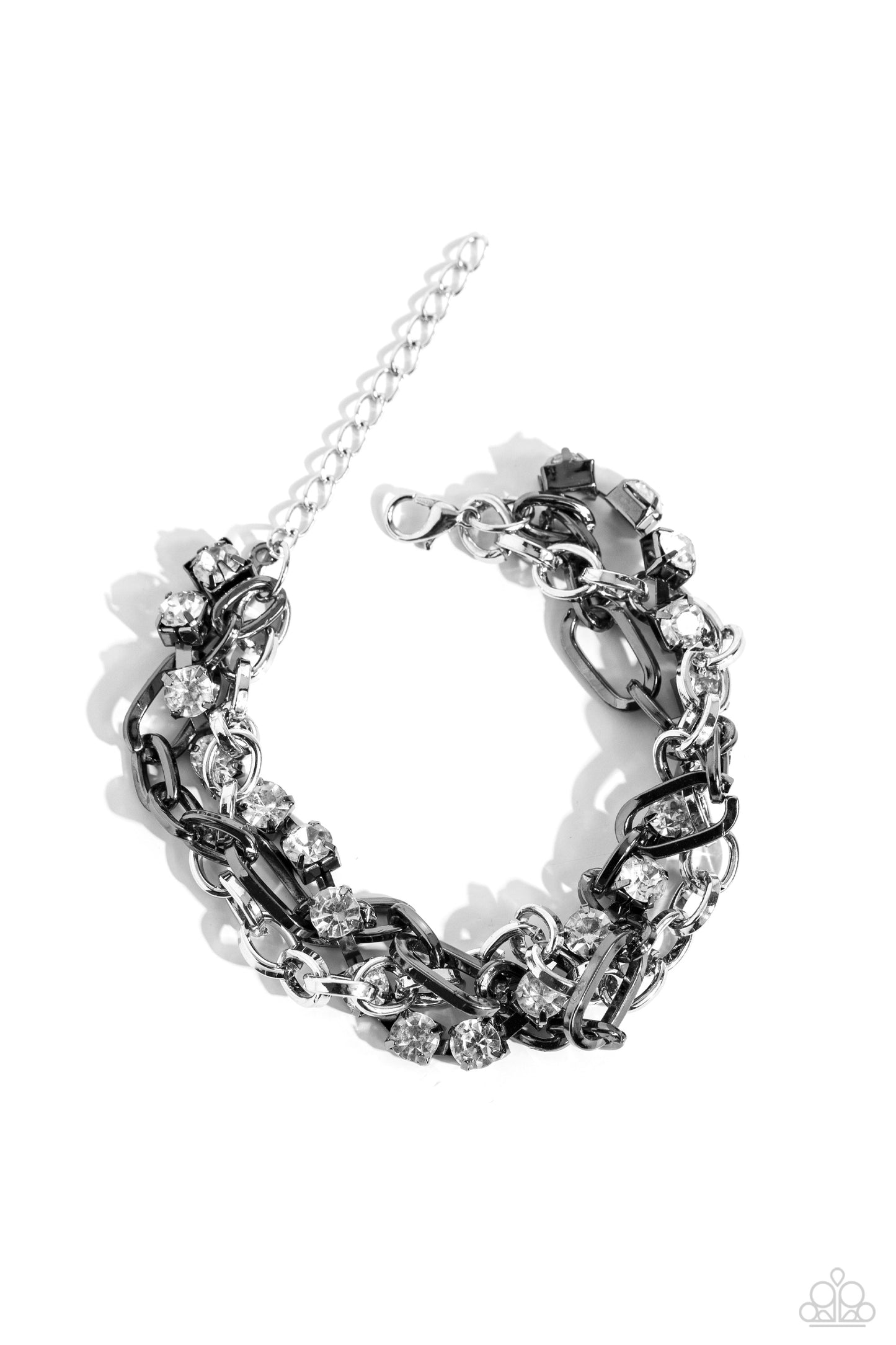 Paparazzi Accessories Two-Tone Taste - Silver Mismatched strands of glistening gunmetal and silver oval links are intertwined with a row of sparkling, square-cut, white rhinestones encased in sleek silver fittings, resulting in a twisted collision of grit