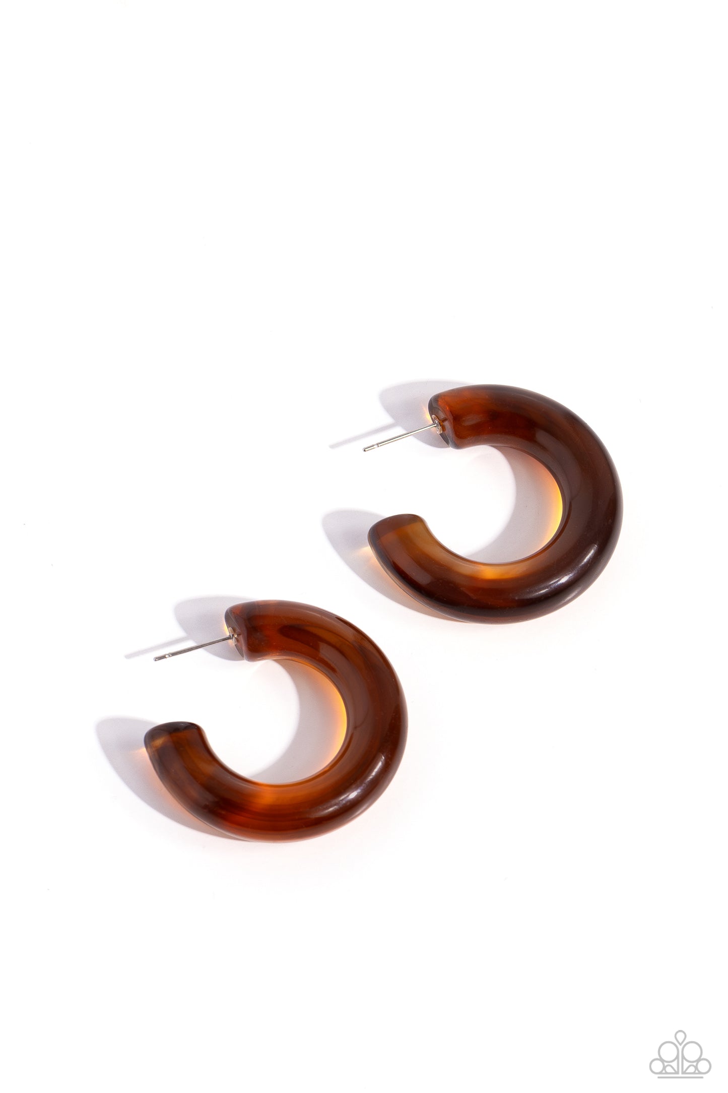 Paparazzi Accessories Glassy GAZE - Brown Thick, glossy brown acrylic frames snugly loop and curl just below the ear for a fashionable finish. Earring attaches to a standard post fitting. Hoop measures approximately 1 1/2" in diameter. Sold as one pair of