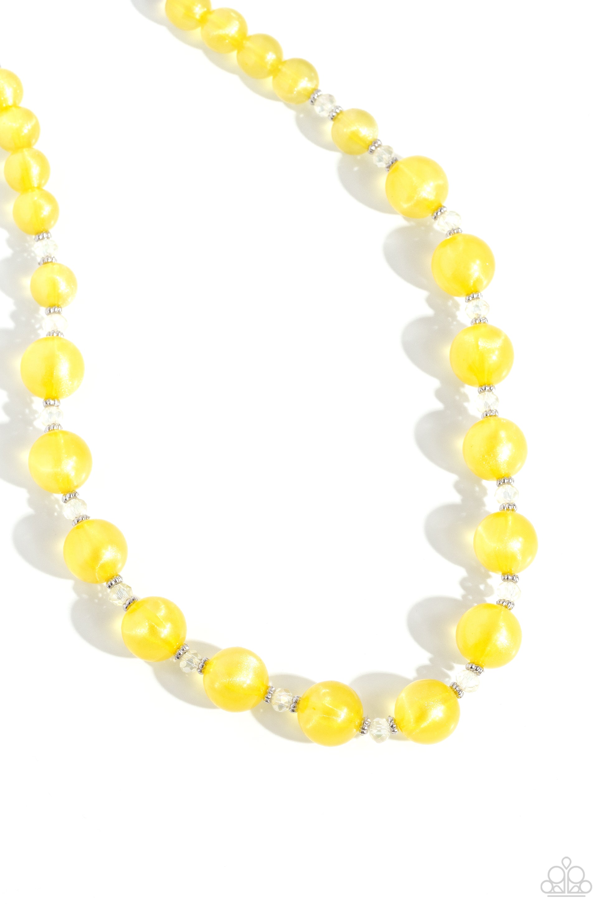 Paparazzi Accessories Timelessly Tantalizing - Yellow Infused with dainty silver accents and faceted clear beads, a collection of yellow opalescent beads, brushed in an iridescent shimmer are threaded along an invisible wire below the collar for a timeles