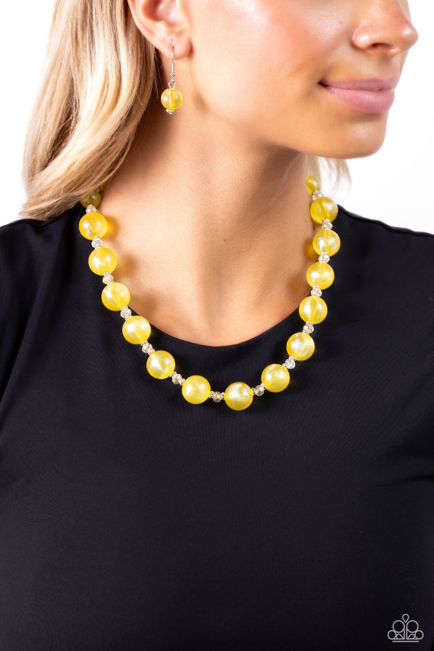 Paparazzi Accessories Timelessly Tantalizing - Yellow Infused with dainty silver accents and faceted clear beads, a collection of yellow opalescent beads, brushed in an iridescent shimmer are threaded along an invisible wire below the collar for a timeles