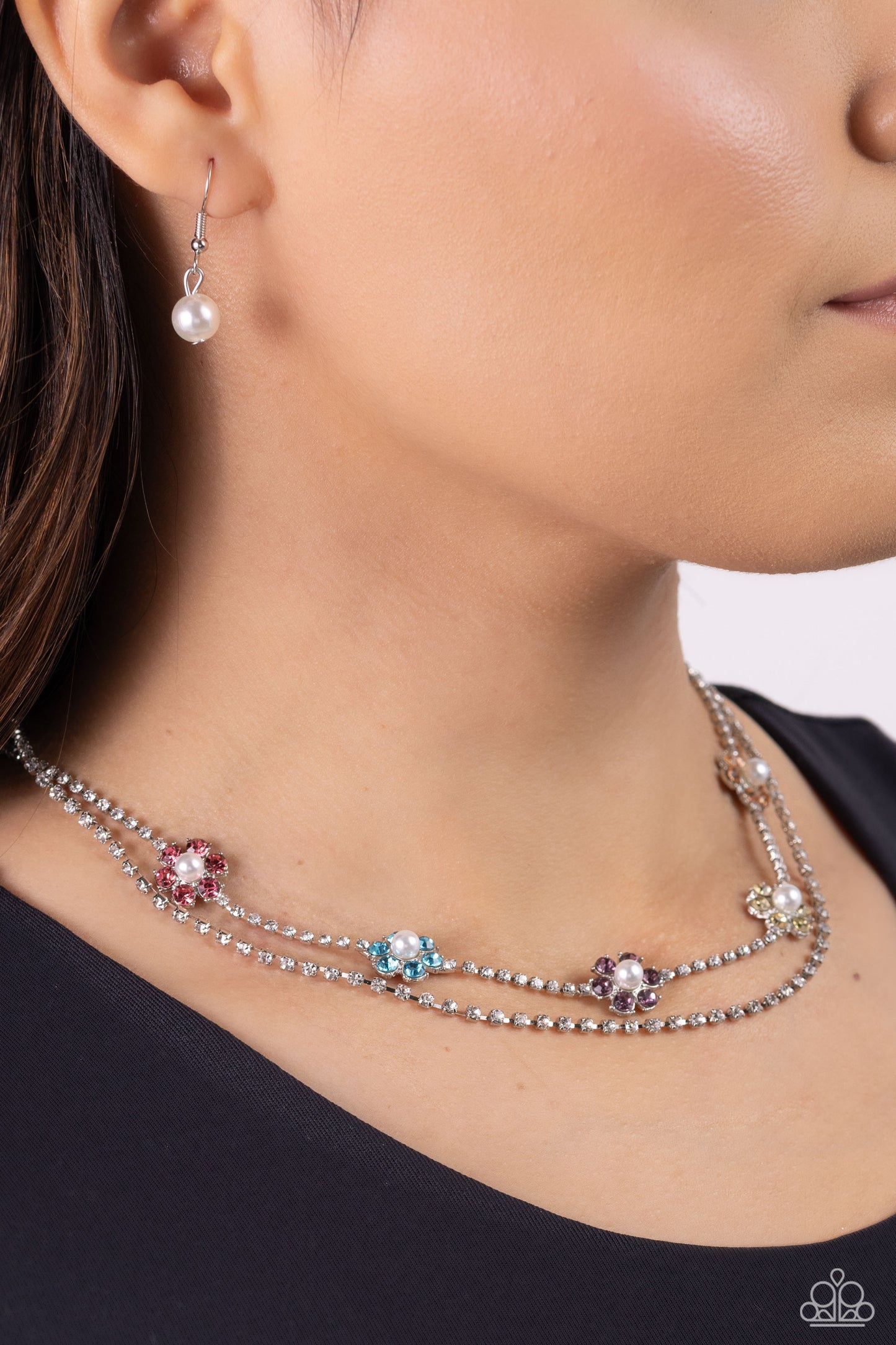 Paparazzi Accessories A SQUARE Beauty - Multi Featuring silver square fittings, white rhinestones cascade into two layers below the collar adding glitzy movement to the sparkling centerpiece. Infused along the uppermost chain, a glitzy collection of pearl