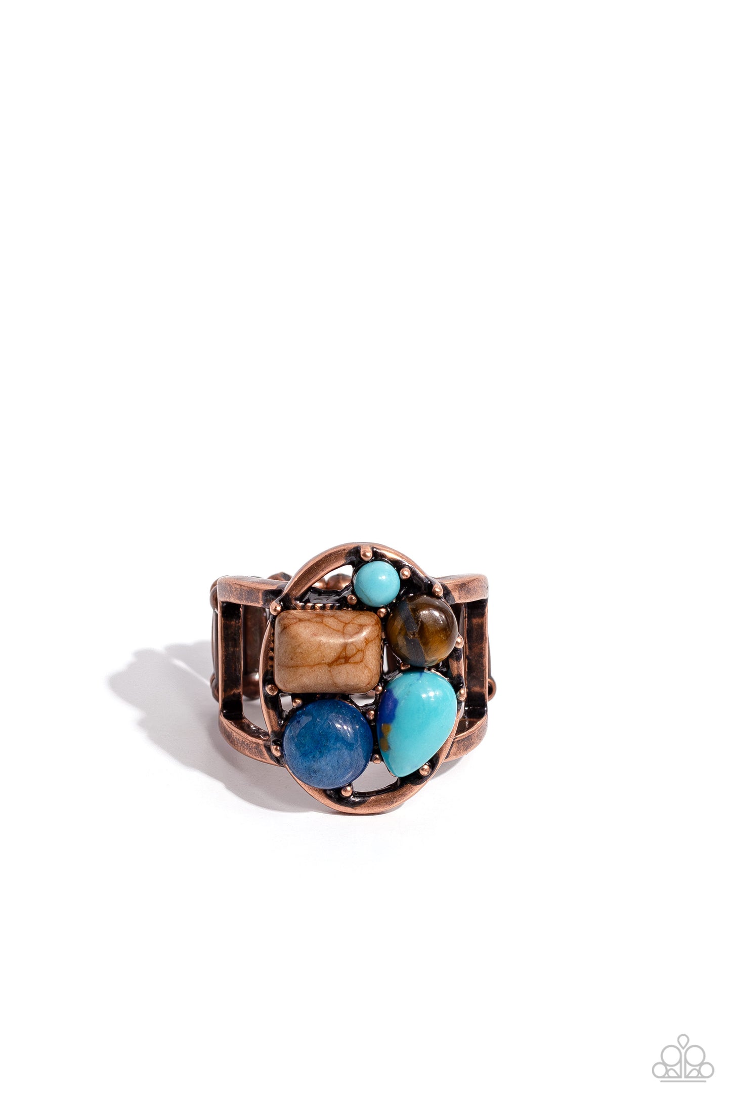 Paparazzi Accessories Crafted Collection - Copper An earthy collection of tiger's eye, turquoise, marbled brown, and various blue stones are pressed into the center of an airy copper oval, for an earthy centerpiece. The oval display rests atop airy copper