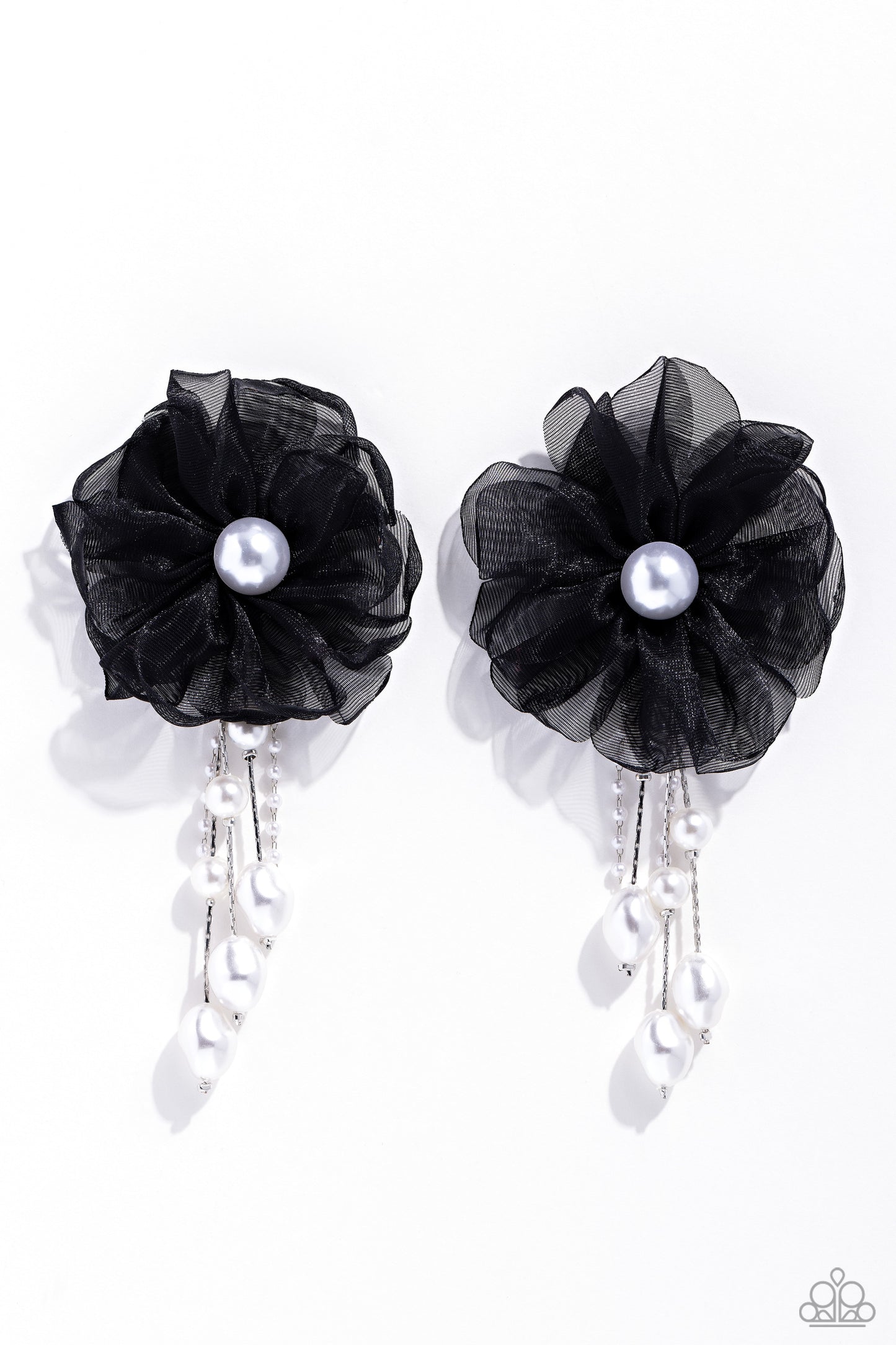 Paparazzi Accessories Dripping In Decadence - Black Folds of black netting gather around a glossy white pearl center, creating a spunky blossom. Cascading from the black netted petals, various white pearls in glossy, baroque, and dainty settings are infus