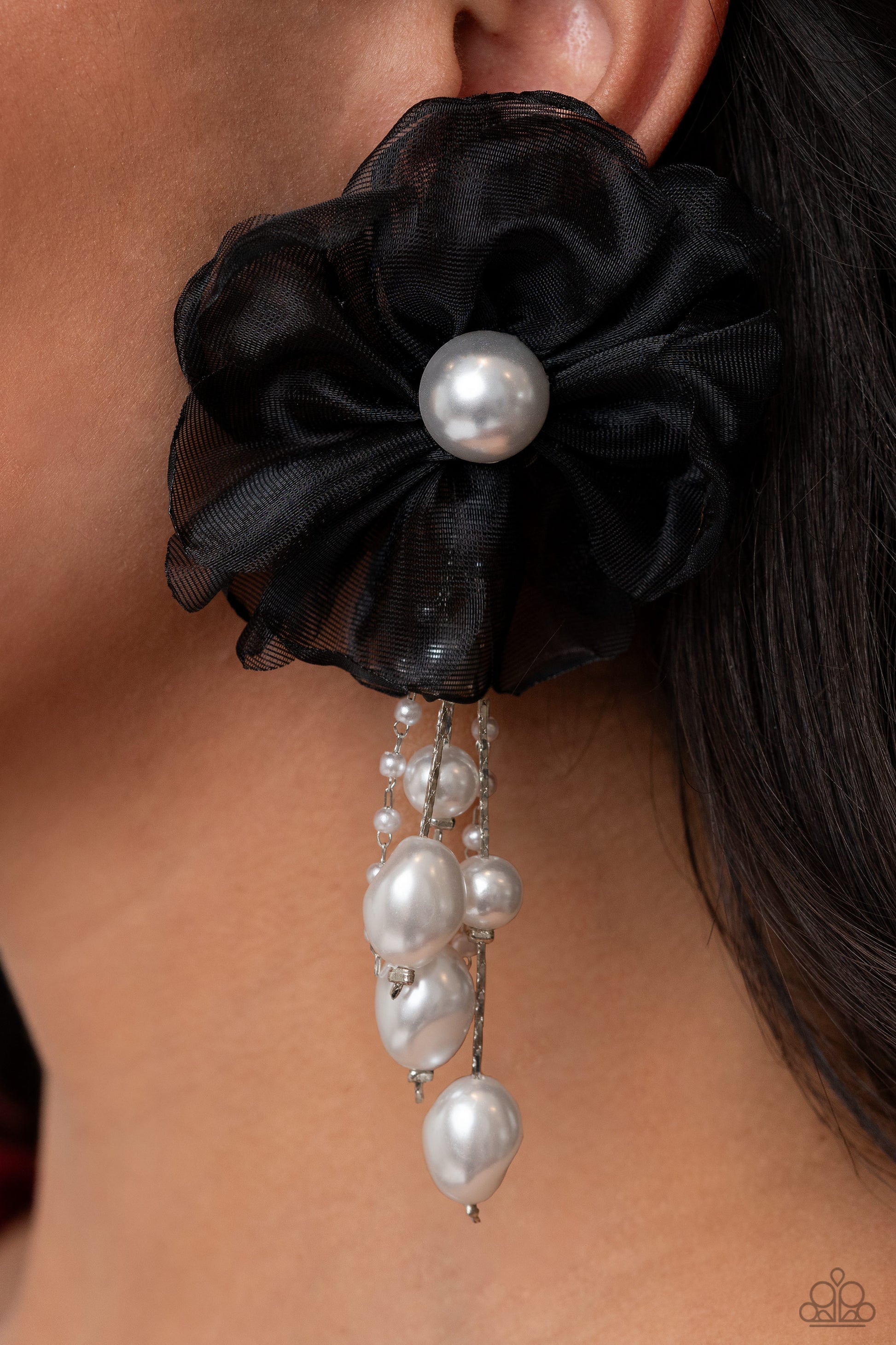 Paparazzi Accessories Dripping In Decadence - Black Folds of black netting gather around a glossy white pearl center, creating a spunky blossom. Cascading from the black netted petals, various white pearls in glossy, baroque, and dainty settings are infus