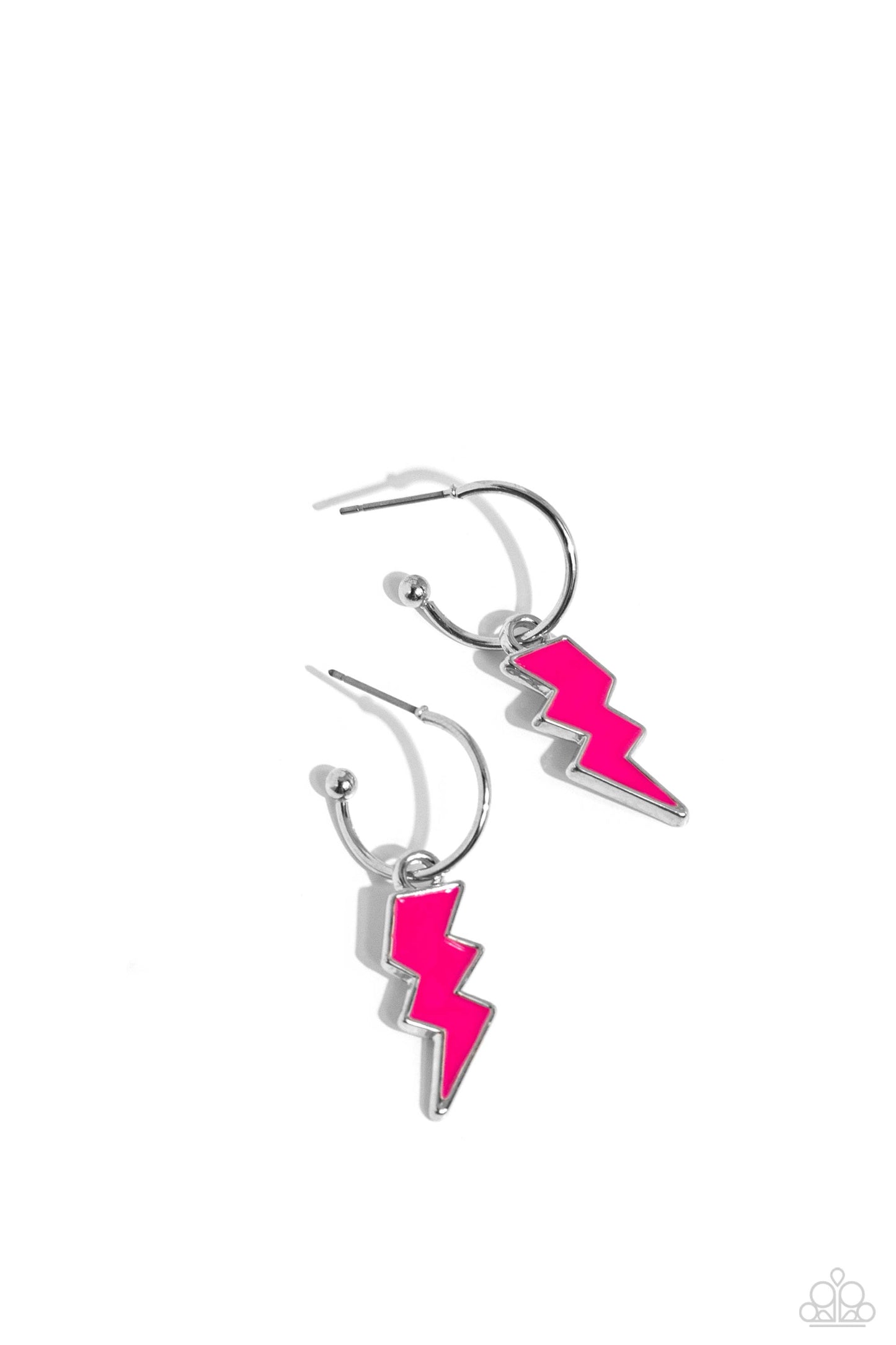 Paparazzi Accessories Lightning Limit - Pink A small, skinny, silver hoop curves around the ear, where a silver ball is affixed to create the look of a barbell. A Rose Violet lightning charm slides along the hoop, showcasing a colorfully electric statemen
