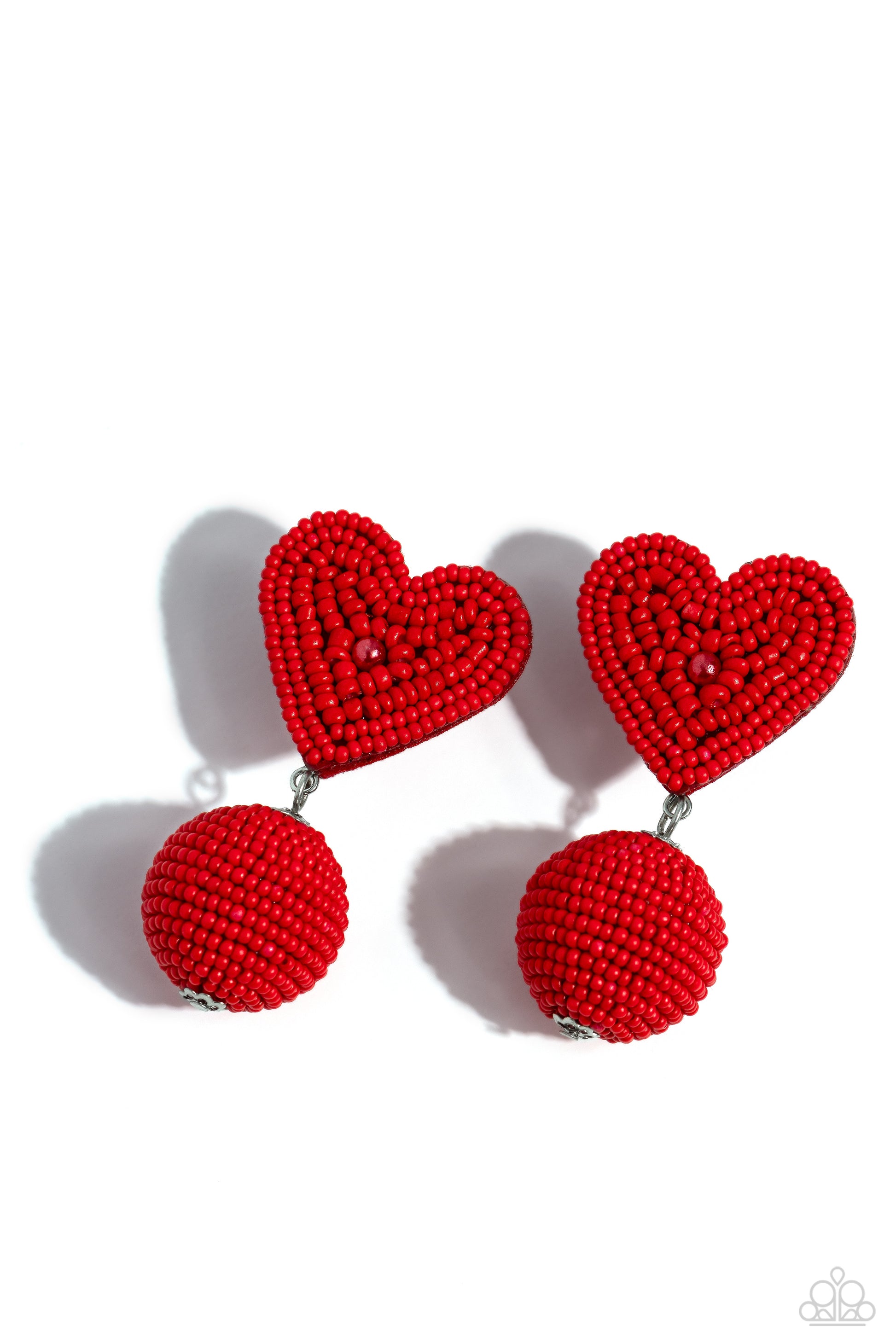 Paparazzi Accessories Spherical Sweethearts - Red Featuring a red pearl center, a red seed bead heart frame gives way to strands of red seed beads that decoratively spin around a spherical frame, resulting in a colorful three-dimensional display. Earring