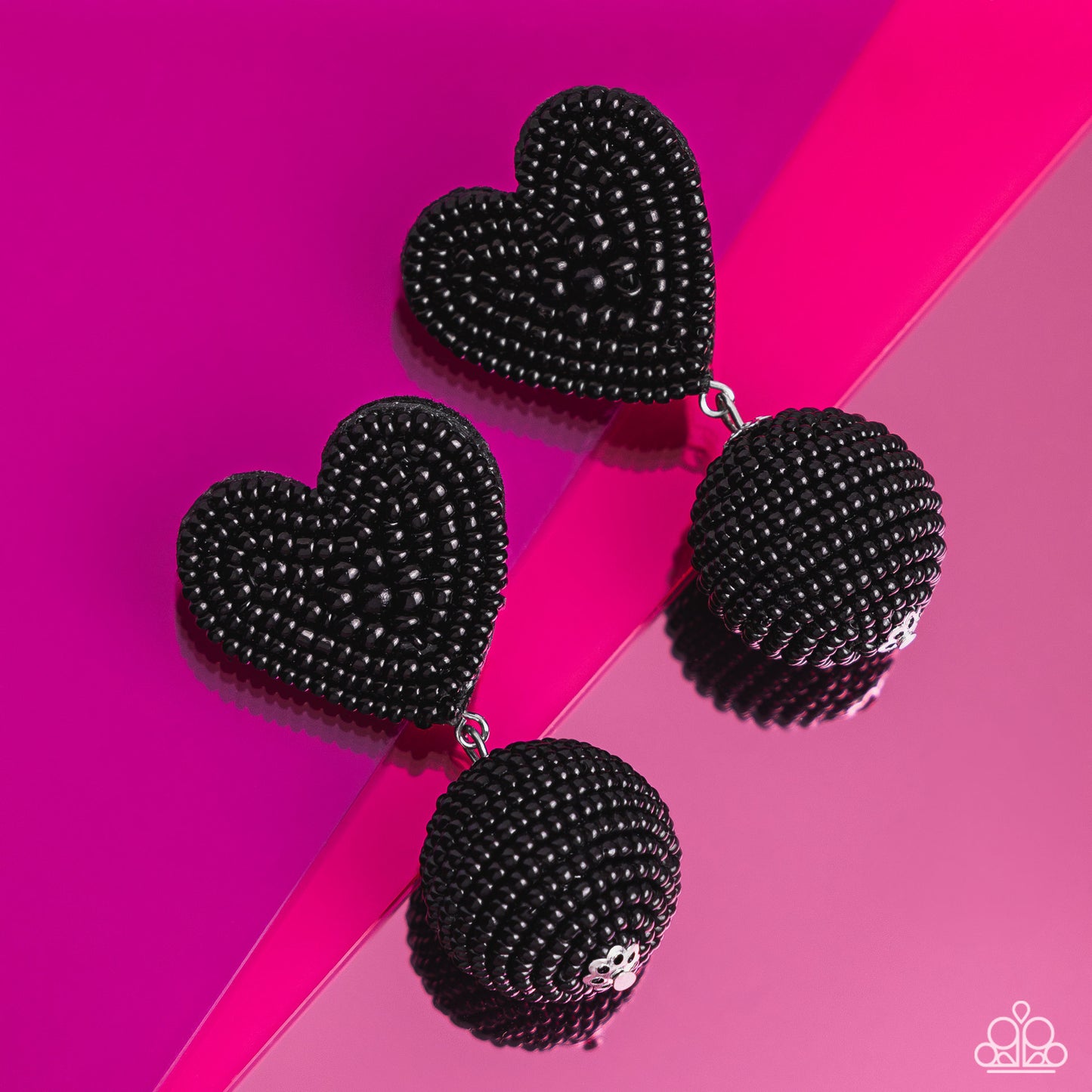 Paparazzi Accessories Spherical Sweethearts - Black A black seed bead heart frame gives way to strands of black seed beads that decoratively spin around a spherical frame, resulting in a colorful three-dimensional display. Earring attaches to a standard p