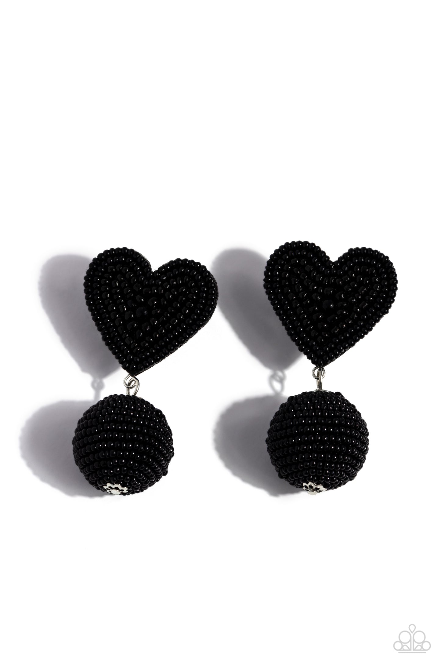 Paparazzi Accessories Spherical Sweethearts - Black A black seed bead heart frame gives way to strands of black seed beads that decoratively spin around a spherical frame, resulting in a colorful three-dimensional display. Earring attaches to a standard p